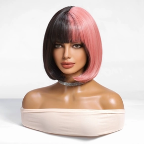 Half Pink Half Black Blunt Bob with Full Fringe Wig - MARKETPLACE