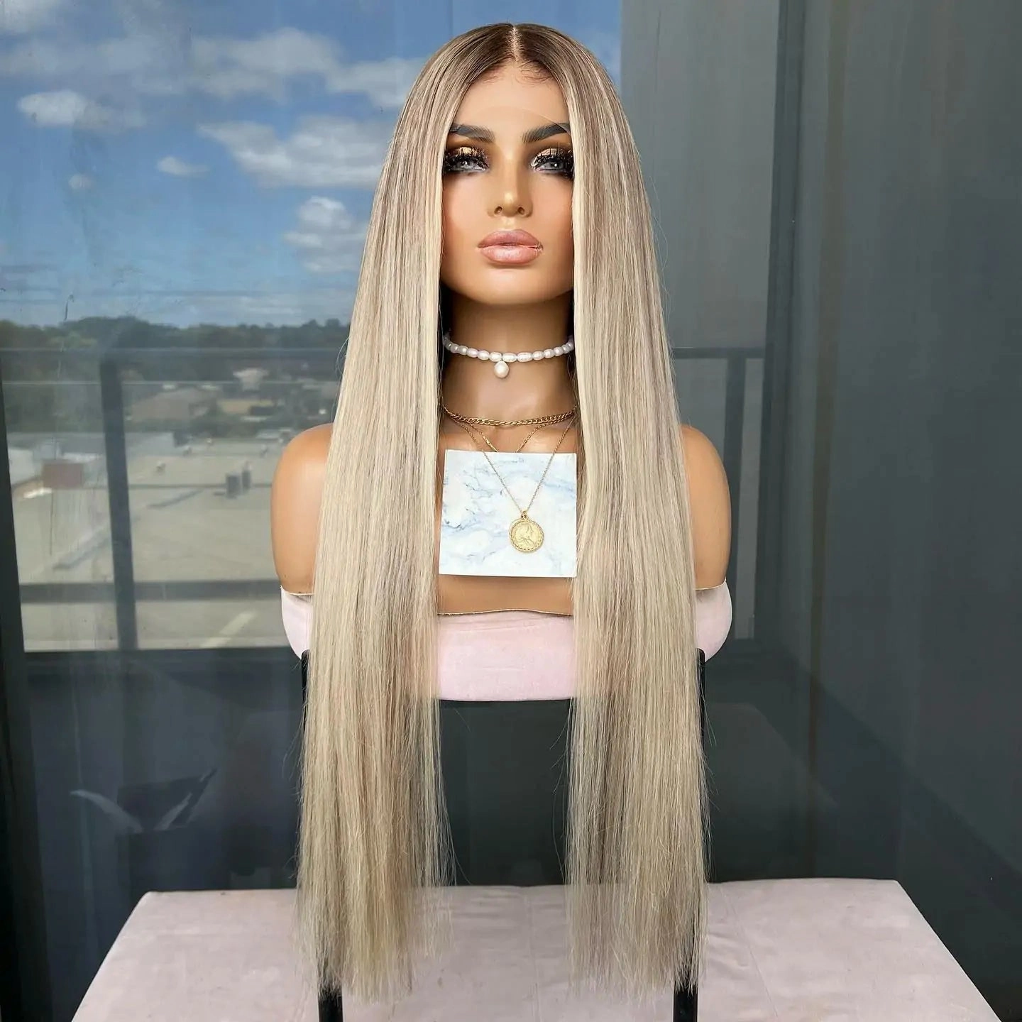 Highlight Ash Blonde Human Hair Wig Straight 13x4 Lace Front Ash Blonde Wig with Dark Roots Pre Plucked