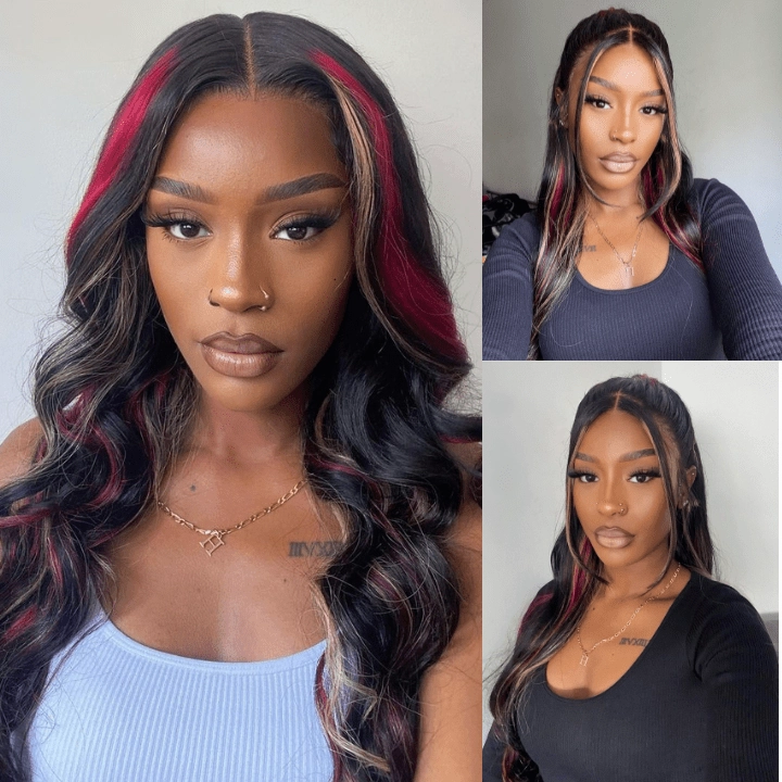 Highlight Black with Red & Blonde Straight/Body Wave 13x4 Lace Front Wig With Multi Color Highlights Loose Wave Human Hair Wigs-GeetaHair
