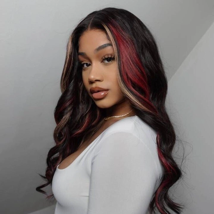 Highlight Black with Red & Blonde Straight/Body Wave 13x4 Lace Front Wig With Multi Color Highlights Loose Wave Human Hair Wigs-GeetaHair