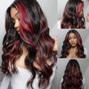 Highlight Black with Red & Blonde Straight/Body Wave 13x4 Lace Front Wig With Multi Color Highlights Loose Wave Human Hair Wigs-GeetaHair