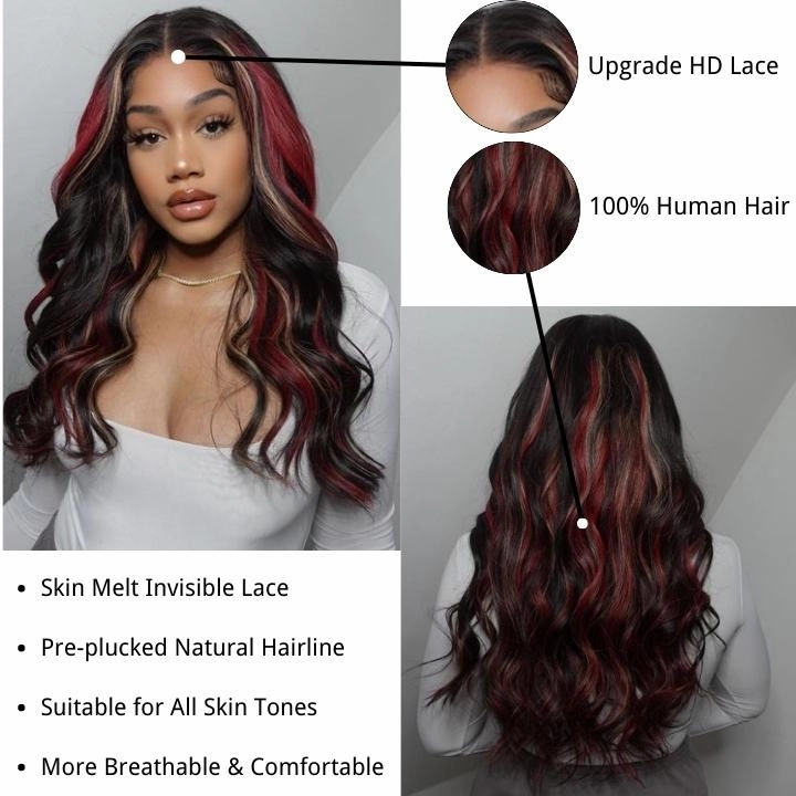 Highlight Black with Red & Blonde Straight/Body Wave 13x4 Lace Front Wig With Multi Color Highlights Loose Wave Human Hair Wigs-GeetaHair