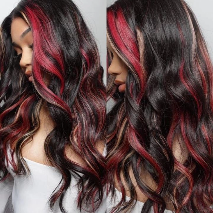 Highlight Black with Red & Blonde Straight/Body Wave 13x4 Lace Front Wig With Multi Color Highlights Loose Wave Human Hair Wigs-GeetaHair