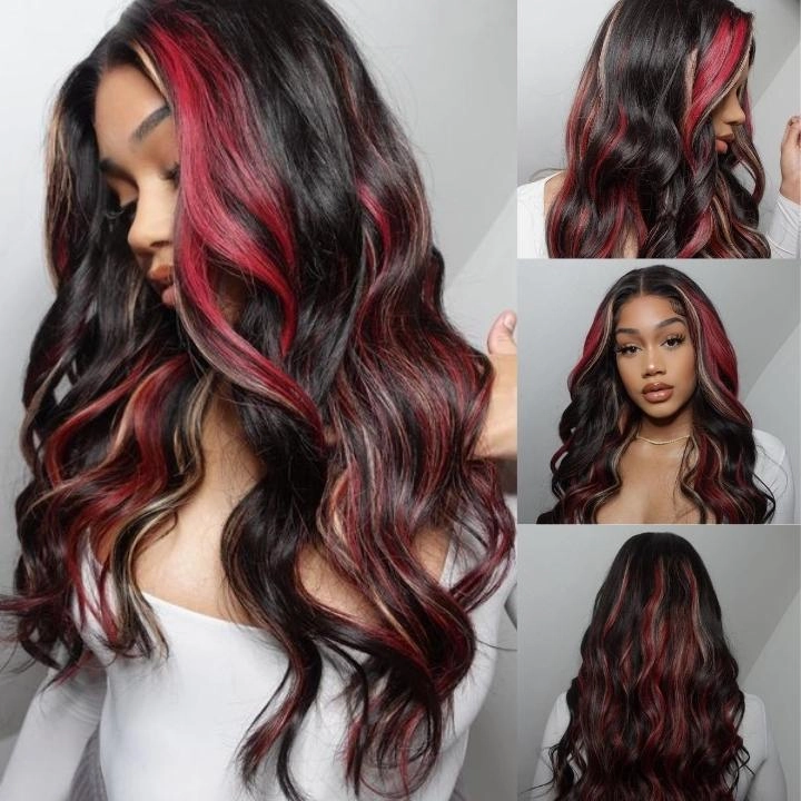 Highlight Black with Red & Blonde Straight/Body Wave 13x4 Lace Front Wig With Multi Color Highlights Loose Wave Human Hair Wigs-GeetaHair
