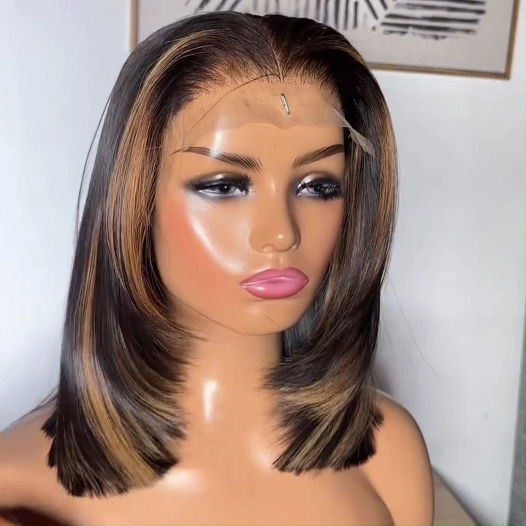 Highlight Blonde Glueless Bob Wig Short Layer Cut Straight 13x4 Lace Front Human Hair Wigs 180% Density No Code Needed