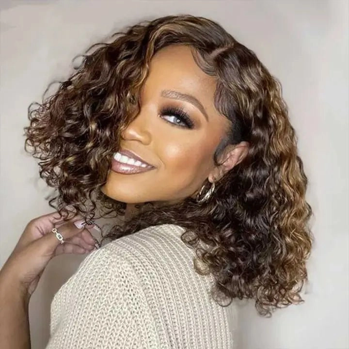 Highlight Honey Blonde Deep Curly 13x4 Lace Front Bob Wig Glueless 4x4 Lace Human Hair Wig-Geeta Hair