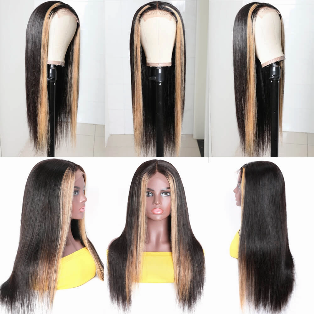 Highlight Ombre TL/27 Skunk Stripe Bone Straight Hair Wig 13x4 HD Lace Front Human Hair Wigs Pre Plucked Glueless Wig-Geeta Hair
