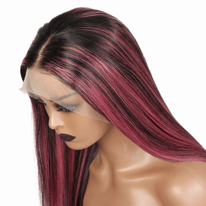 Highlight Purple Straight HD Transparent Lace Front Wig Highlights Pre Plucked Hairline Human Hair Wigs