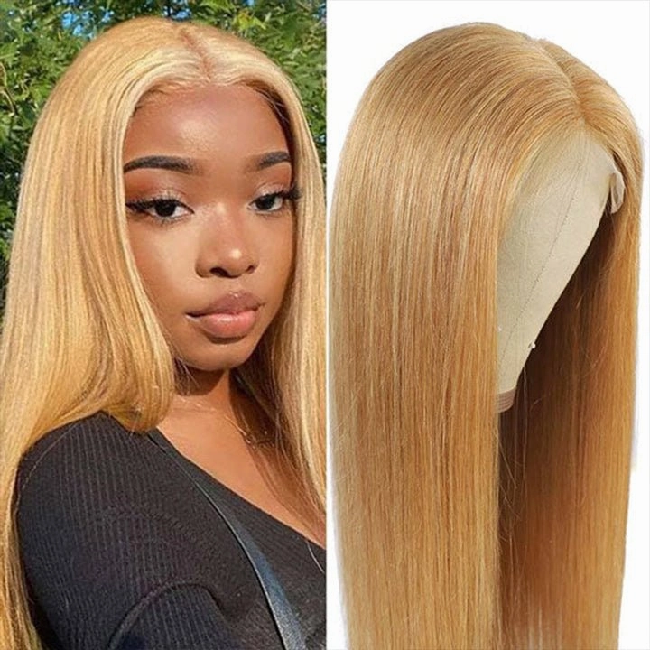 Honey Blonde Straight HD Transparent Lace Front Wig #27 Color  Glueless Pre Plucked Hairline Real Human Hair Wigs