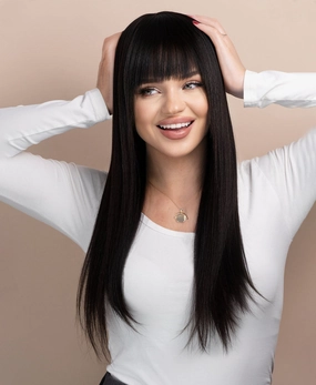 human hair wig with fringe - 20" black.