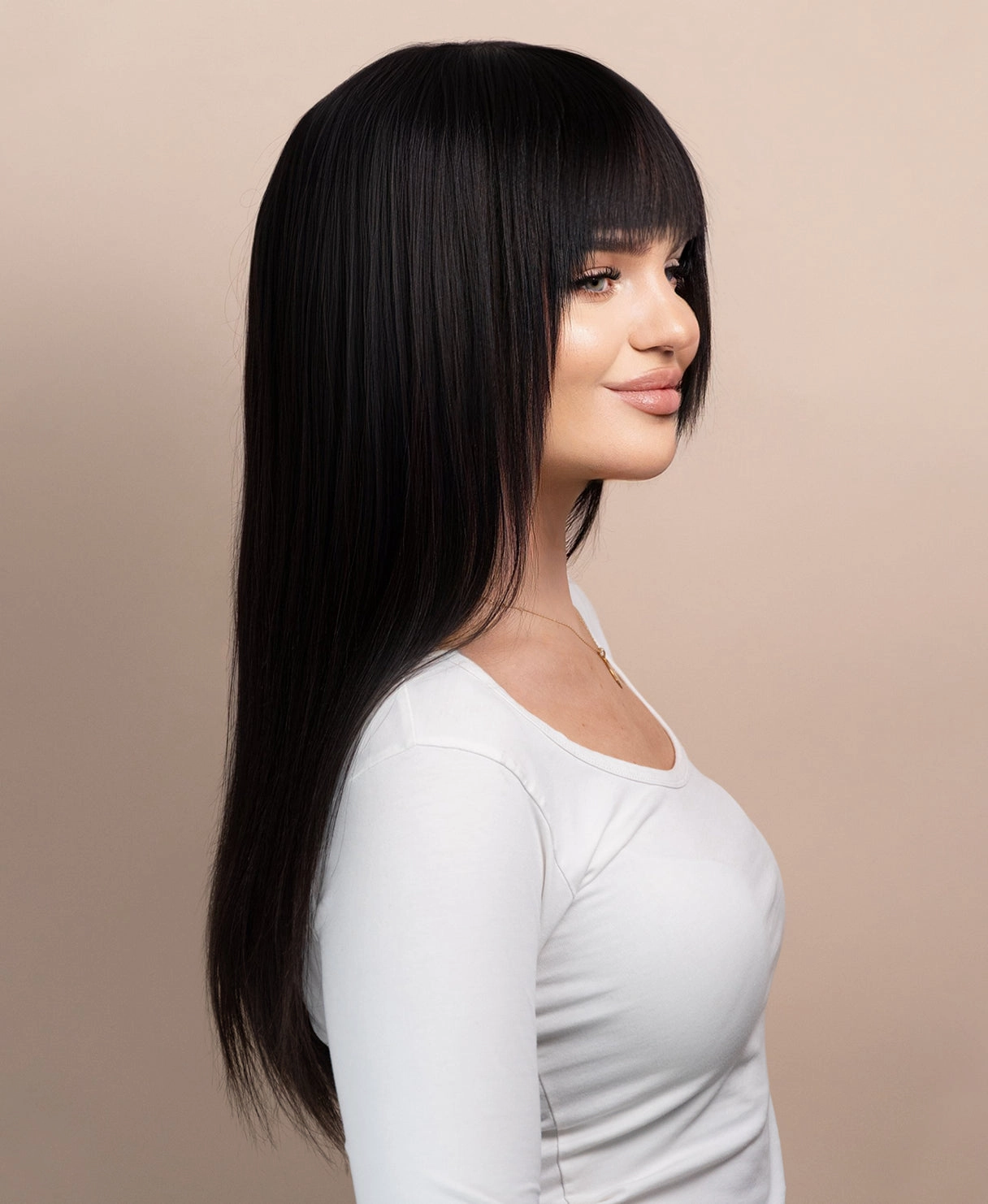 human hair wig with fringe - 20" black.
