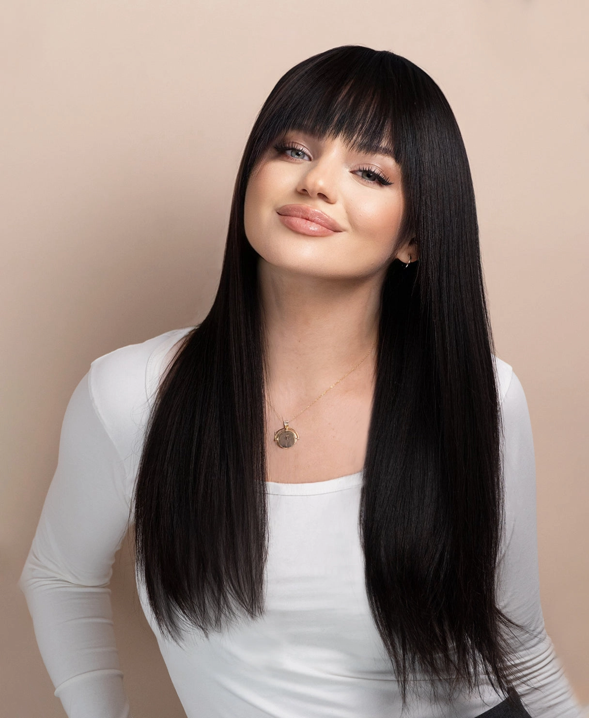 human hair wig with fringe - 20" black.
