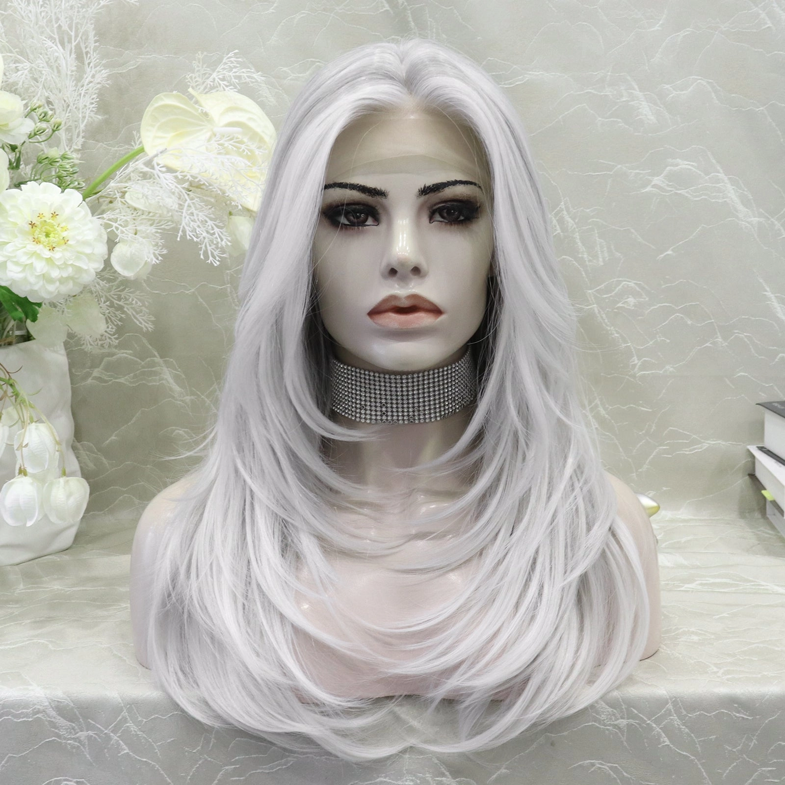 IMSTYLE-Amanda-Silver Grey highlight  Layer cut T part Glueless Lace Front Synthetic Wig