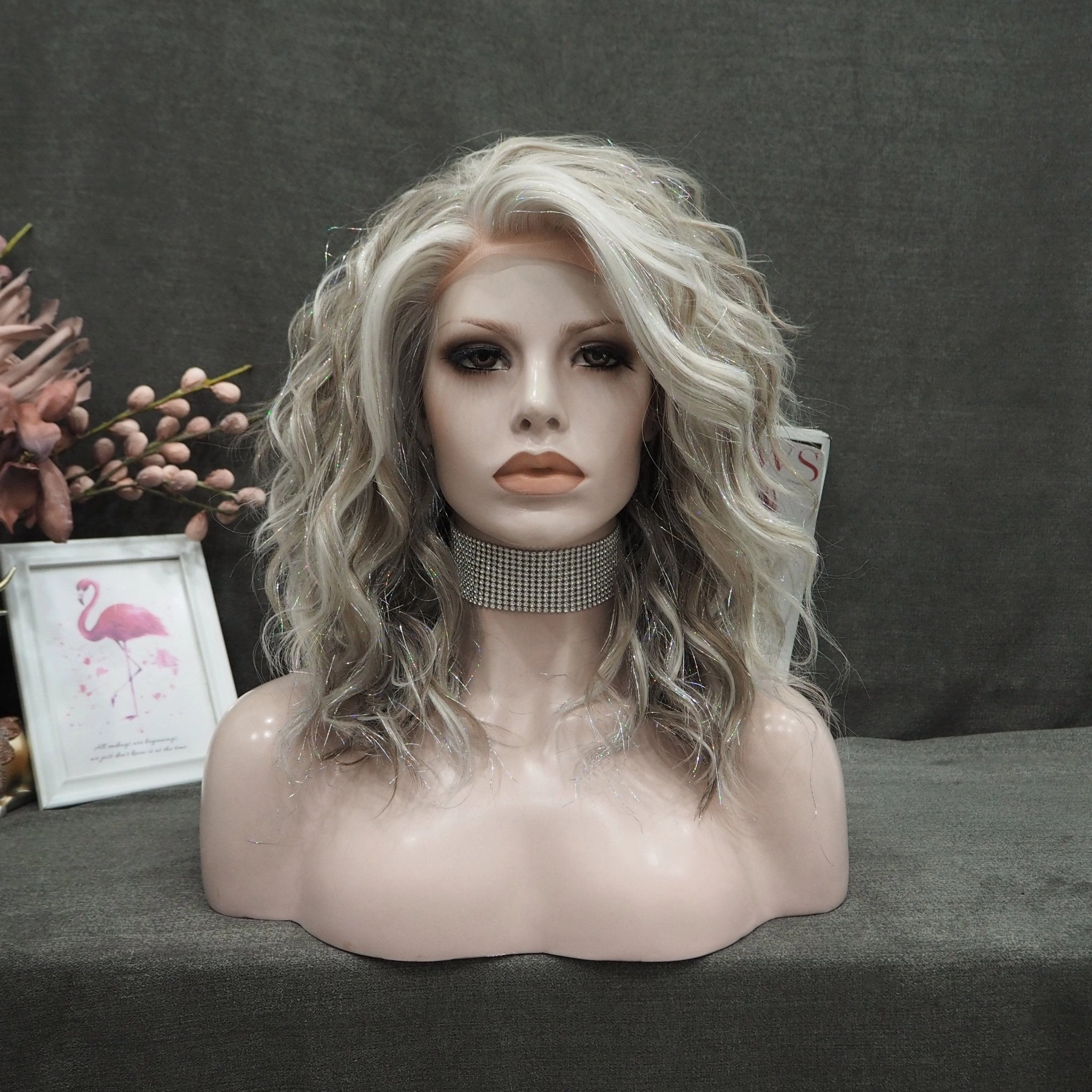 IMstyle-Jess-blonde and grey color with tinsel no parting 20 inches with curly lace front