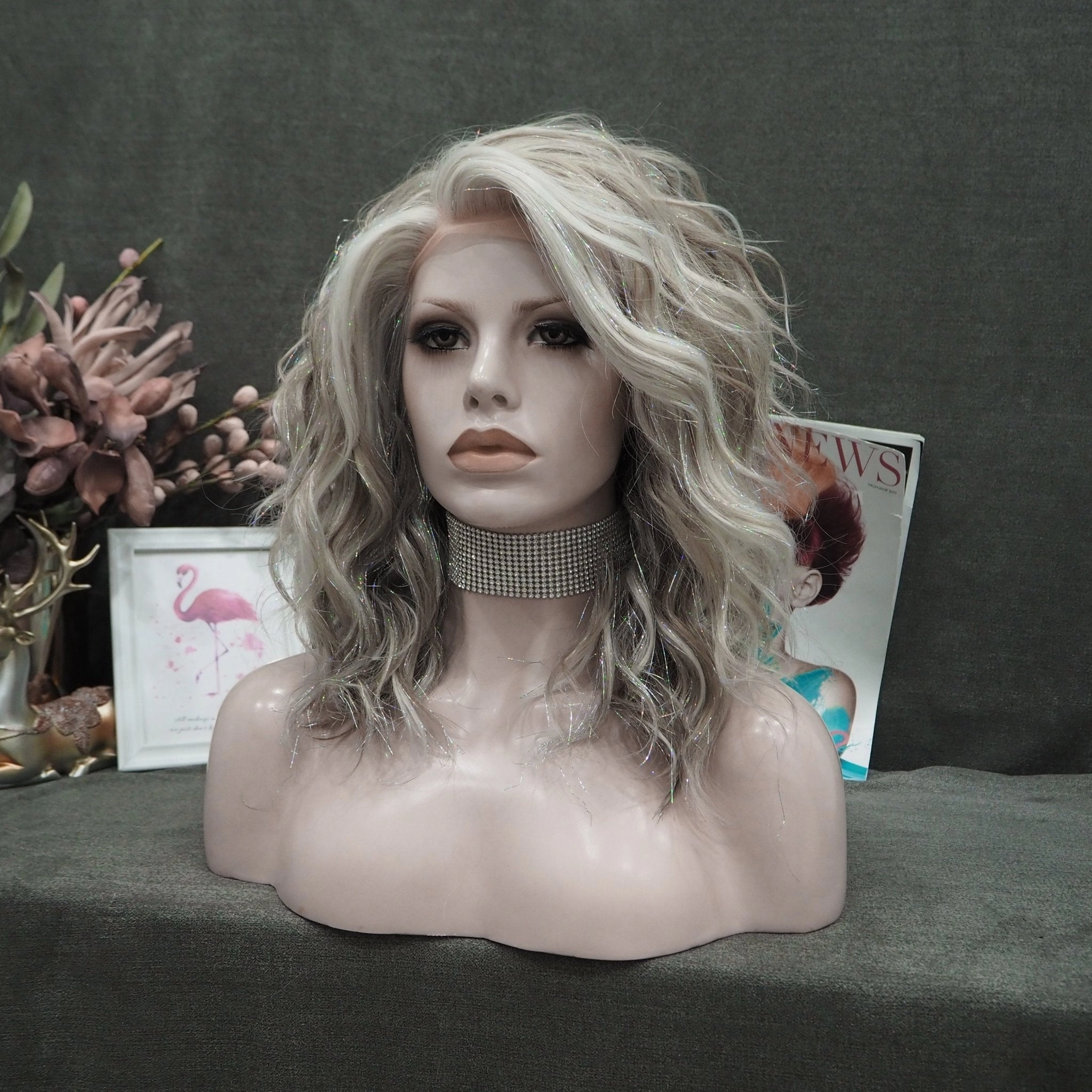 IMstyle-Jess-blonde and grey color with tinsel no parting 20 inches with curly lace front