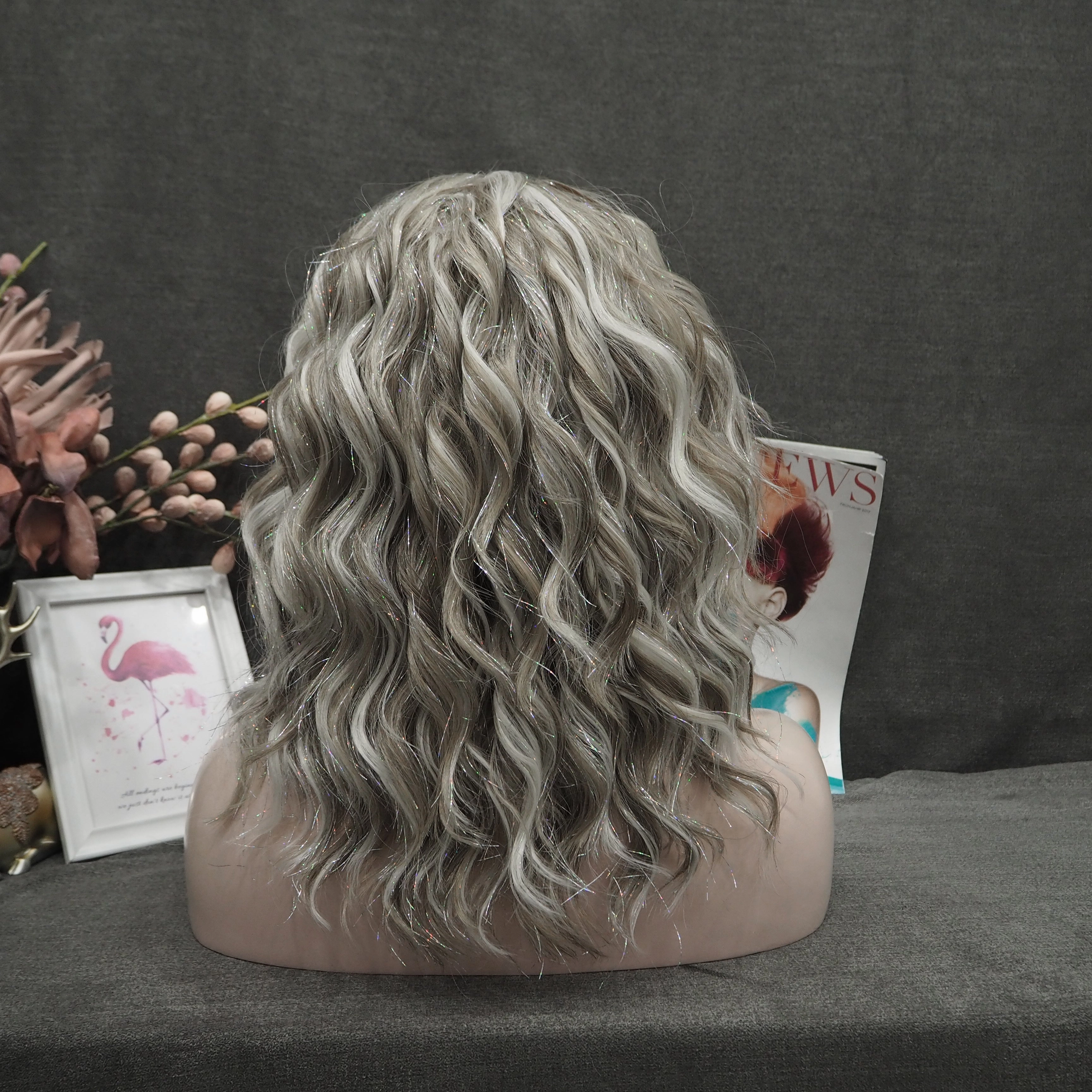 IMstyle-Jess-blonde and grey color with tinsel no parting 20 inches with curly lace front