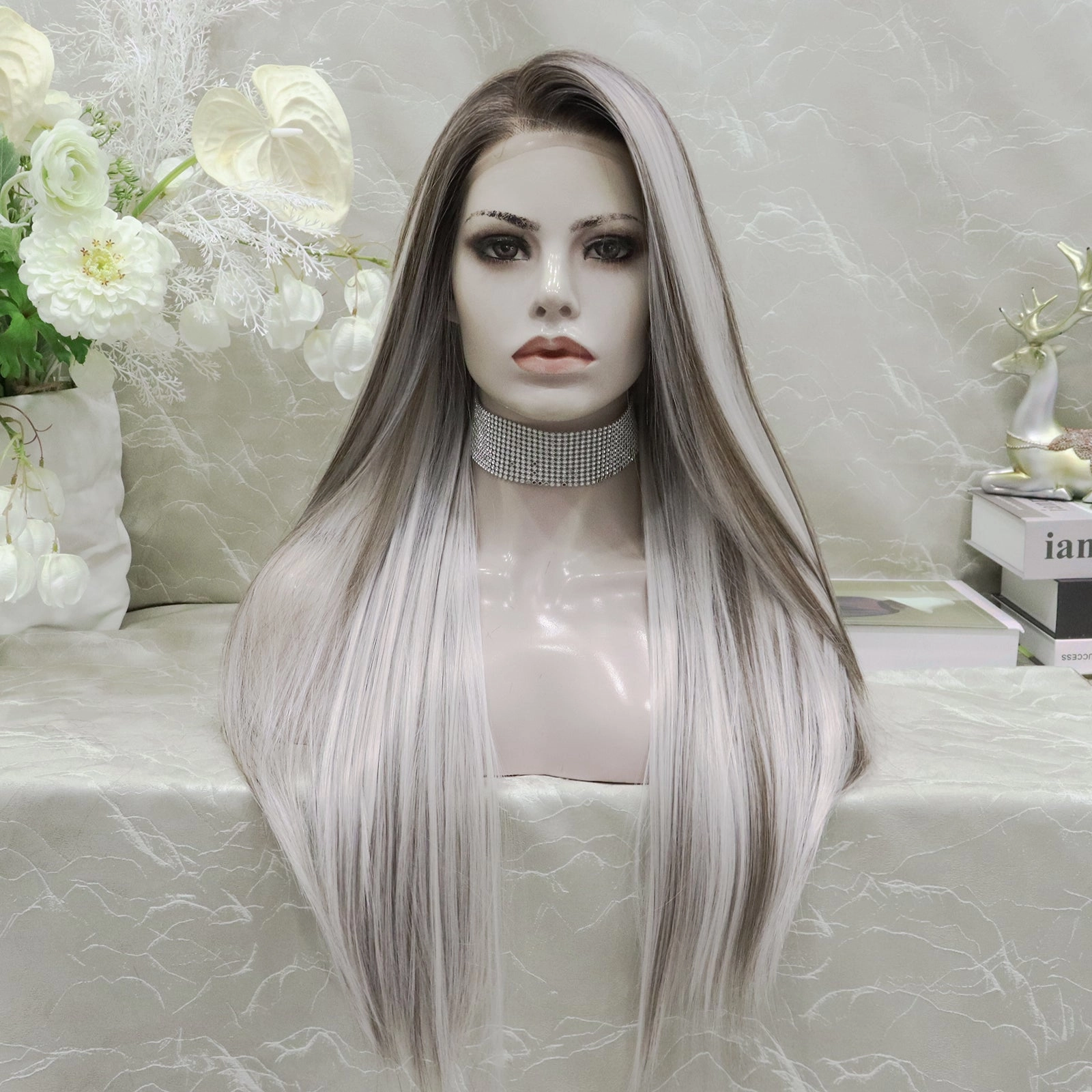 IMstyle Lowest density collection straight style with 13*4 lace front wigs silver mist & bubble tea & dark brown