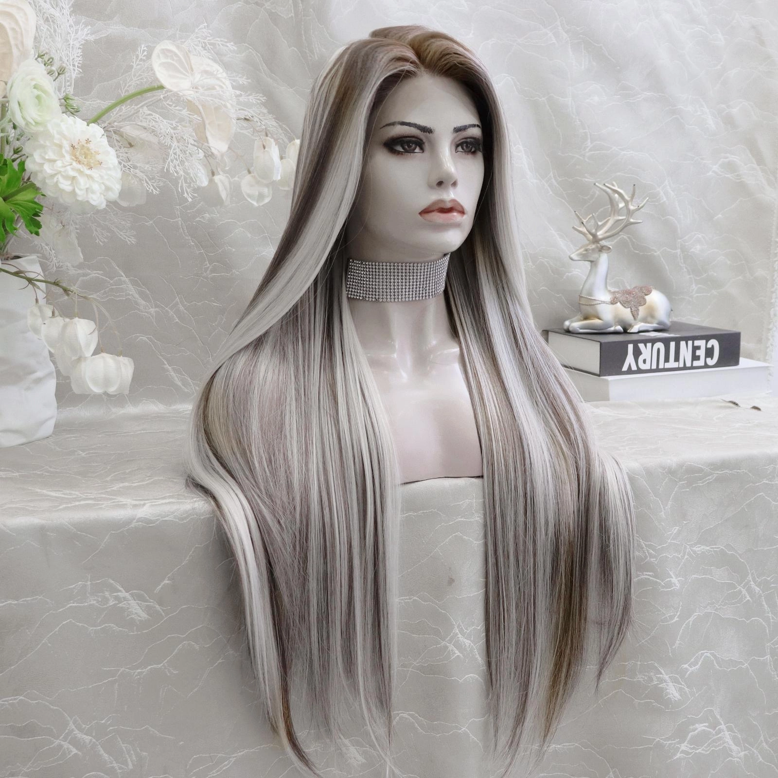IMstyle Mia chocolate brown with highlights 28 inches free part 13*4 glueless pre pluck low density heat resistant straight lace front wig W211-60-8