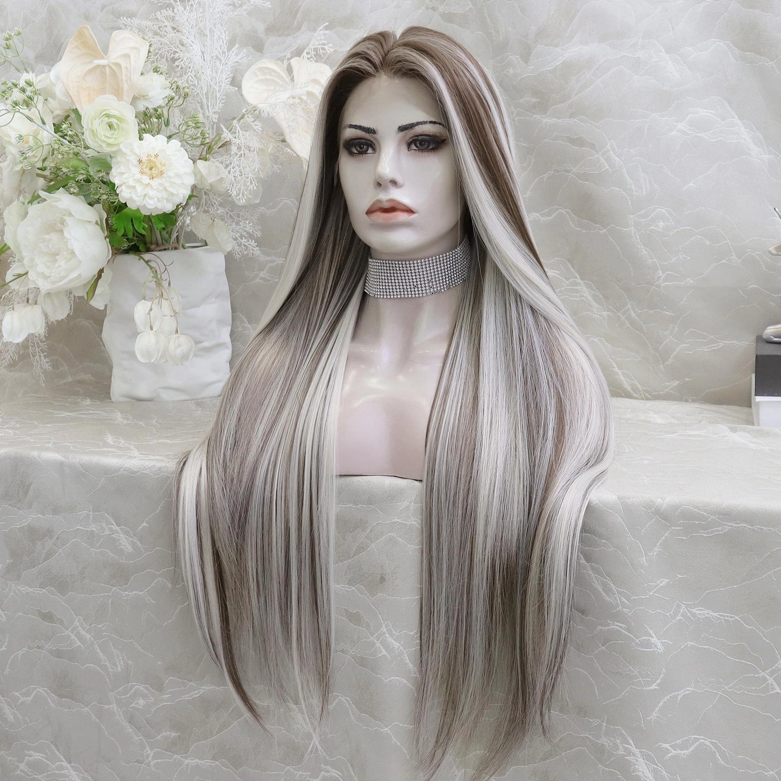 IMstyle Mia chocolate brown with highlights 28 inches free part 13*4 glueless pre pluck low density heat resistant straight lace front wig W211-60-8