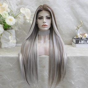 IMstyle Mia chocolate brown with highlights 28 inches free part 13*4 glueless pre pluck low density heat resistant straight lace front wig W211-60-8