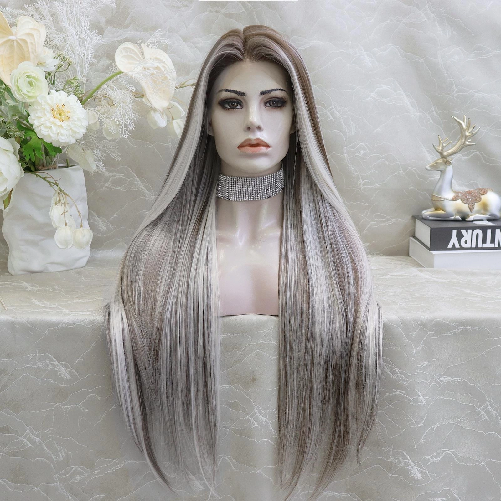 IMstyle Mia chocolate brown with highlights 28 inches free part 13*4 glueless pre pluck low density heat resistant straight lace front wig W211-60-8