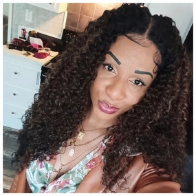 Kinky Curly Lace Front Wig Long Brown Highlights Center Part - Rylee