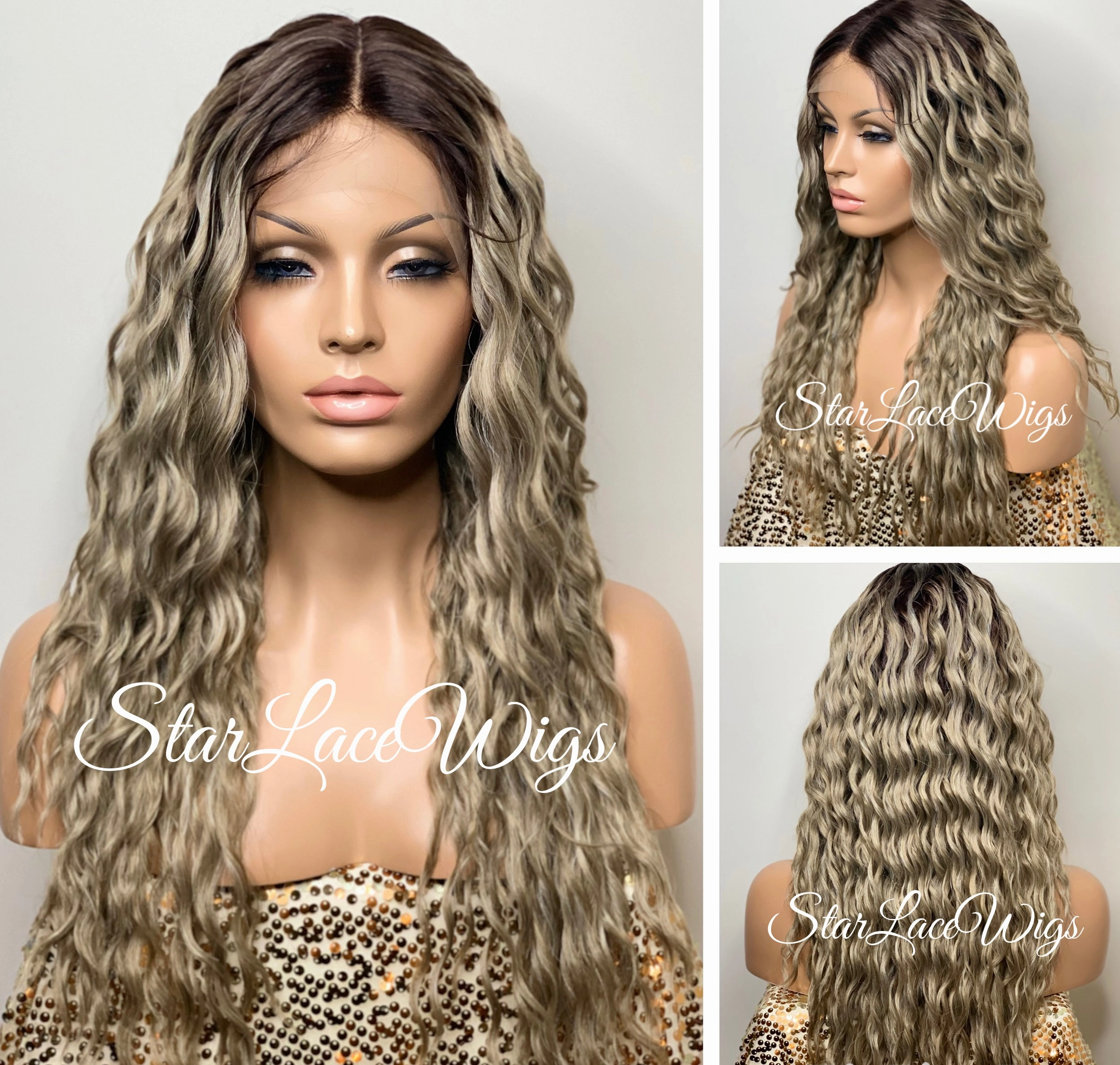 Lace Front Wig Dirty Ash Blonde Dark Roots Long Wavy Center Part - Kimmy