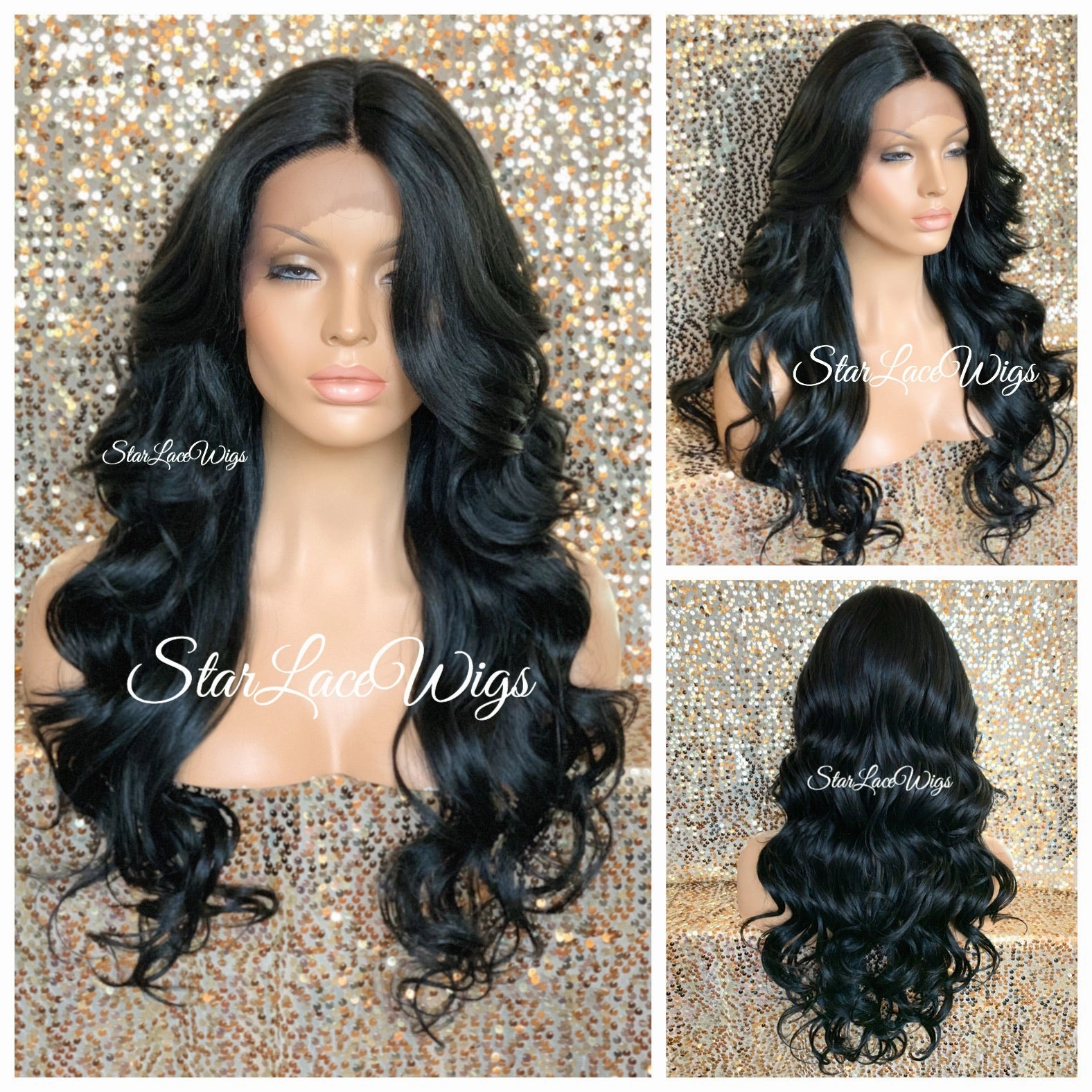Lace Front Wig Long Synthetic Curly Layers Black Brown Middle Part - August