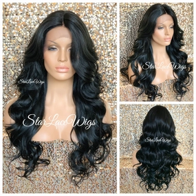 Lace Front Wig Long Synthetic Curly Layers Black Brown Middle Part - August