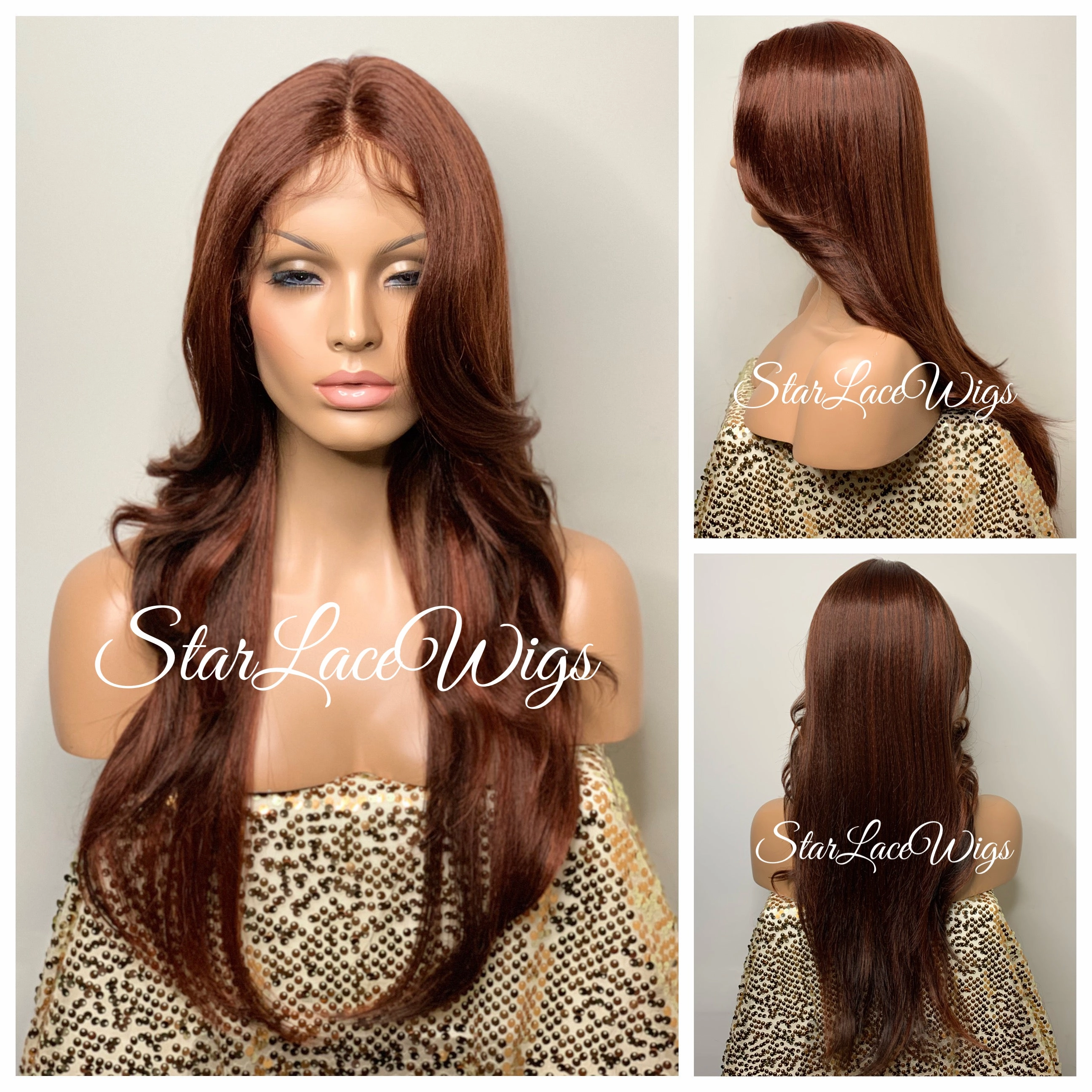 Lace Front Wig Long Synthetic Straight Layers Auburn Middle Part - Mayra