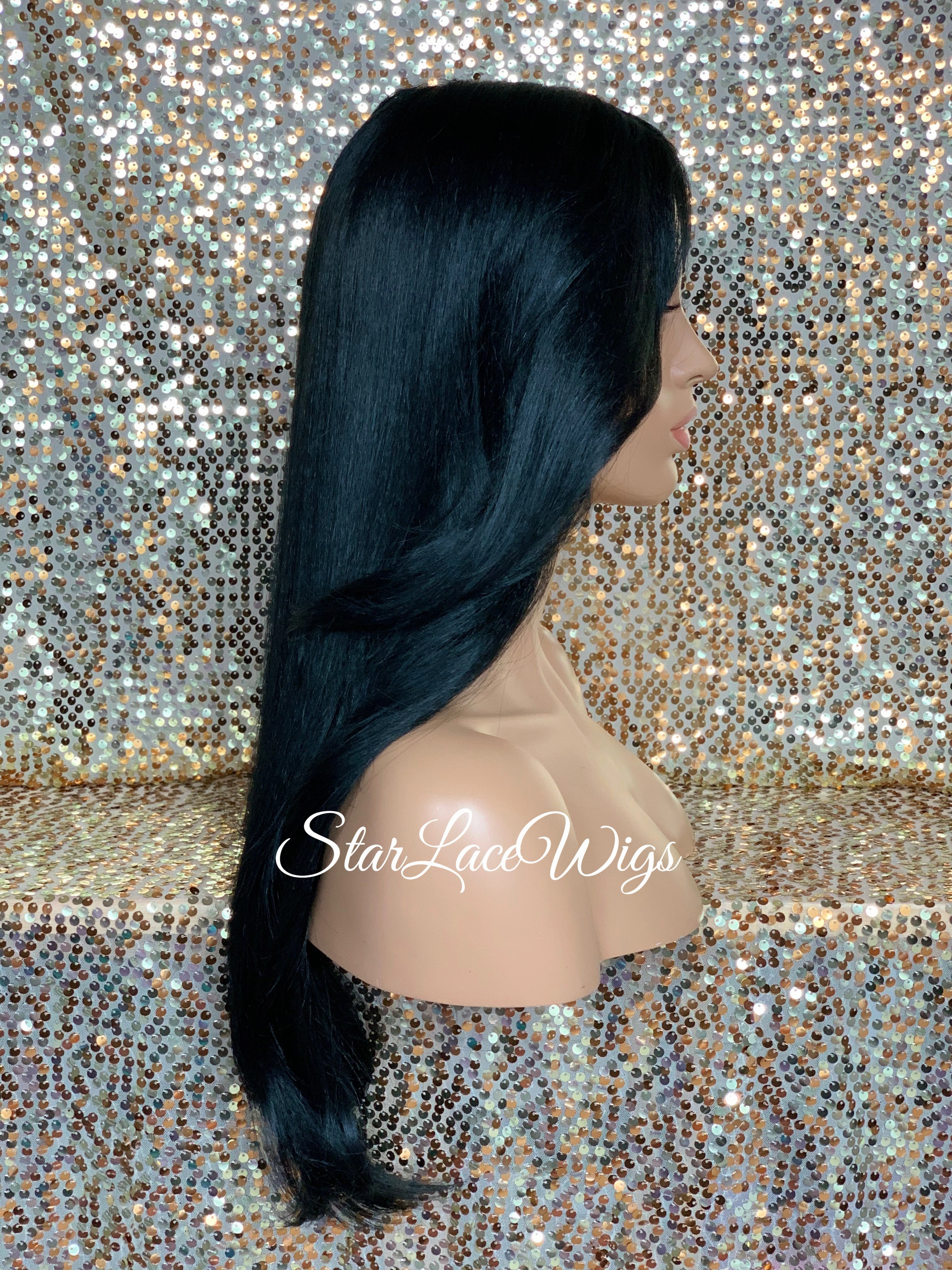 Lace Front Wig Long Synthetic Straight Layers Black Brown Middle Part - Camila
