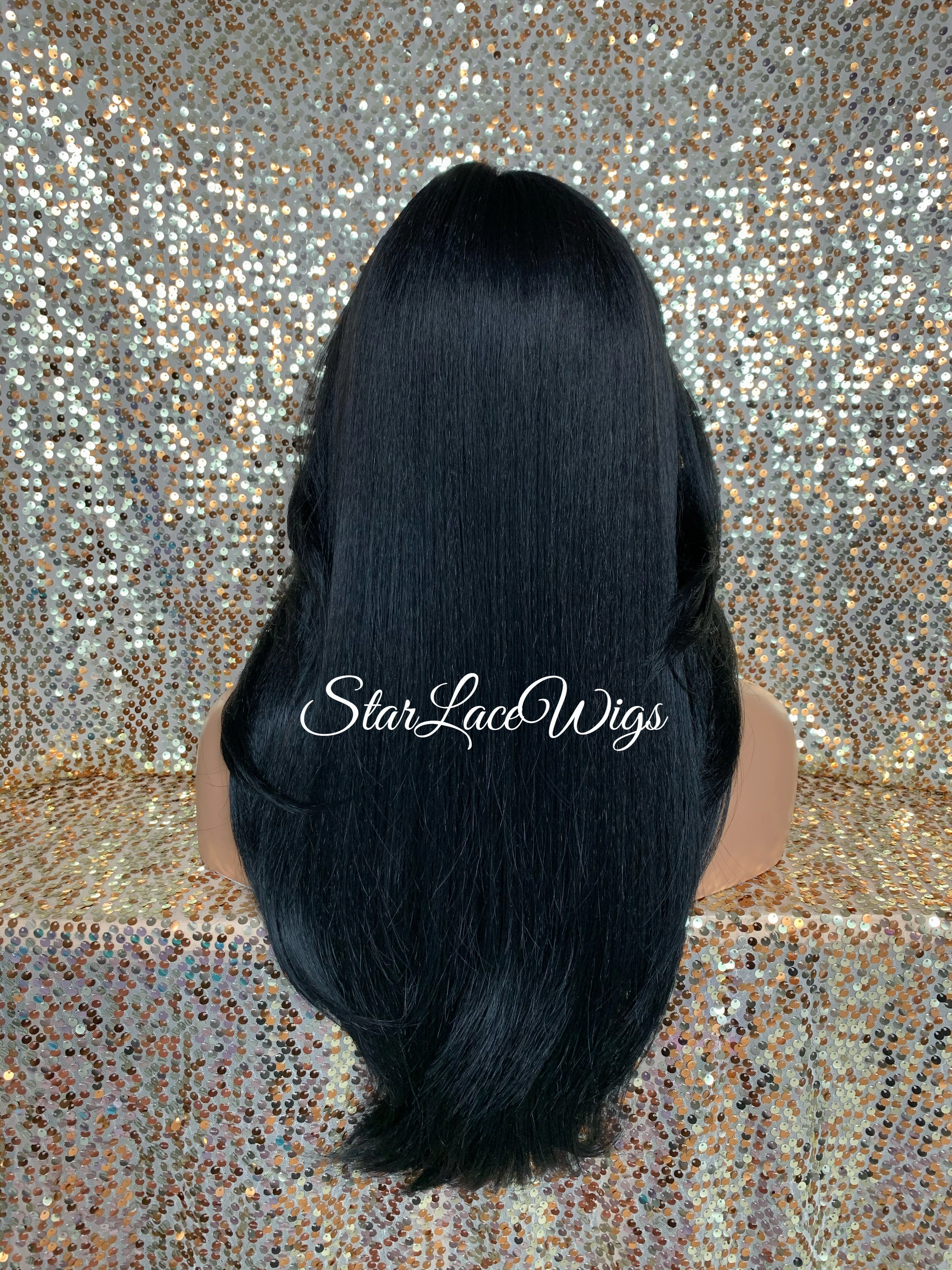 Lace Front Wig Long Synthetic Straight Layers Black Brown Middle Part - Camila