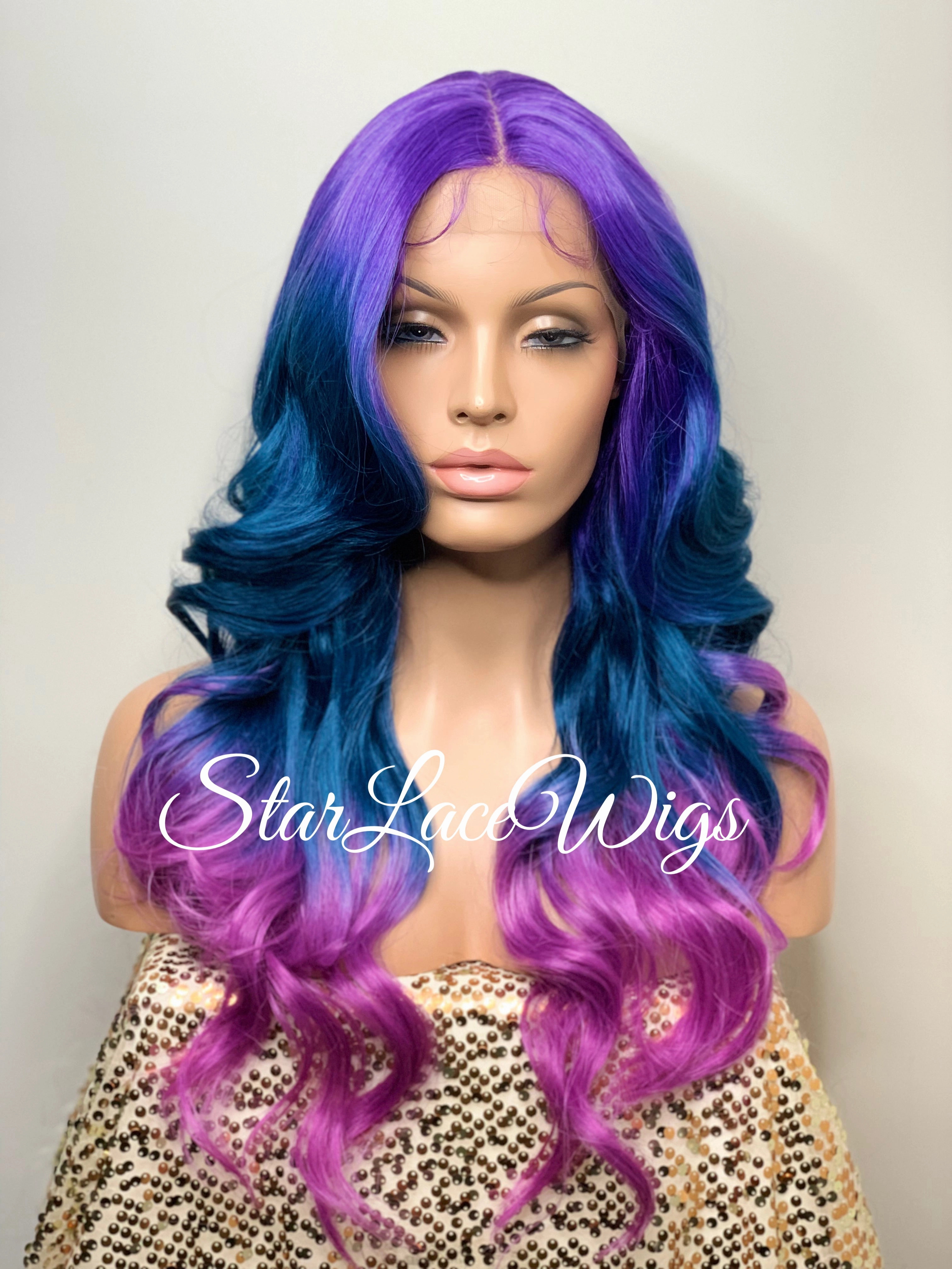 Lace Front Wig Purple Blue Pink Ombre Rainbow Unicorn Mermaid Hair Wig - Violet