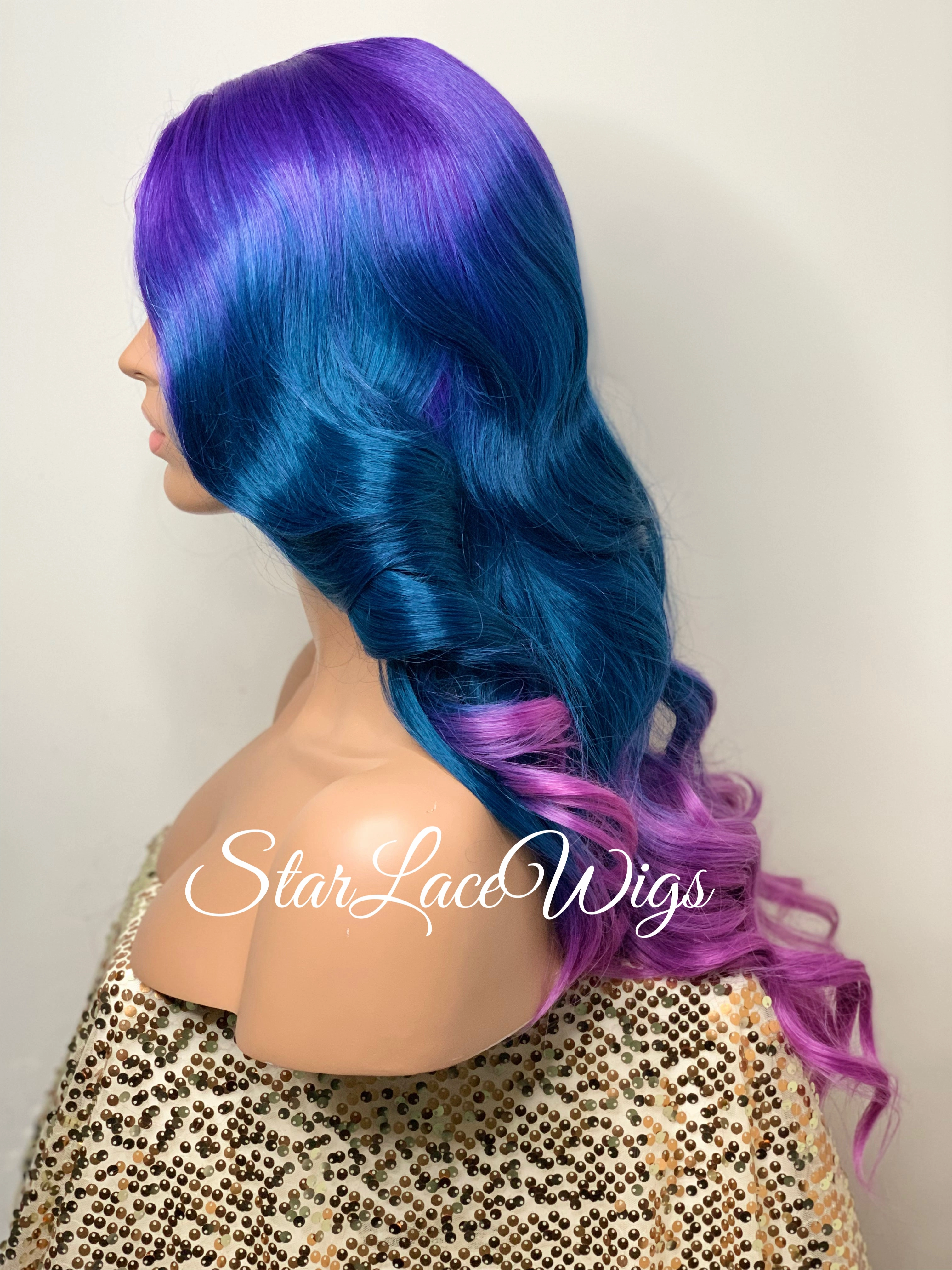 Lace Front Wig Purple Blue Pink Ombre Rainbow Unicorn Mermaid Hair Wig - Violet