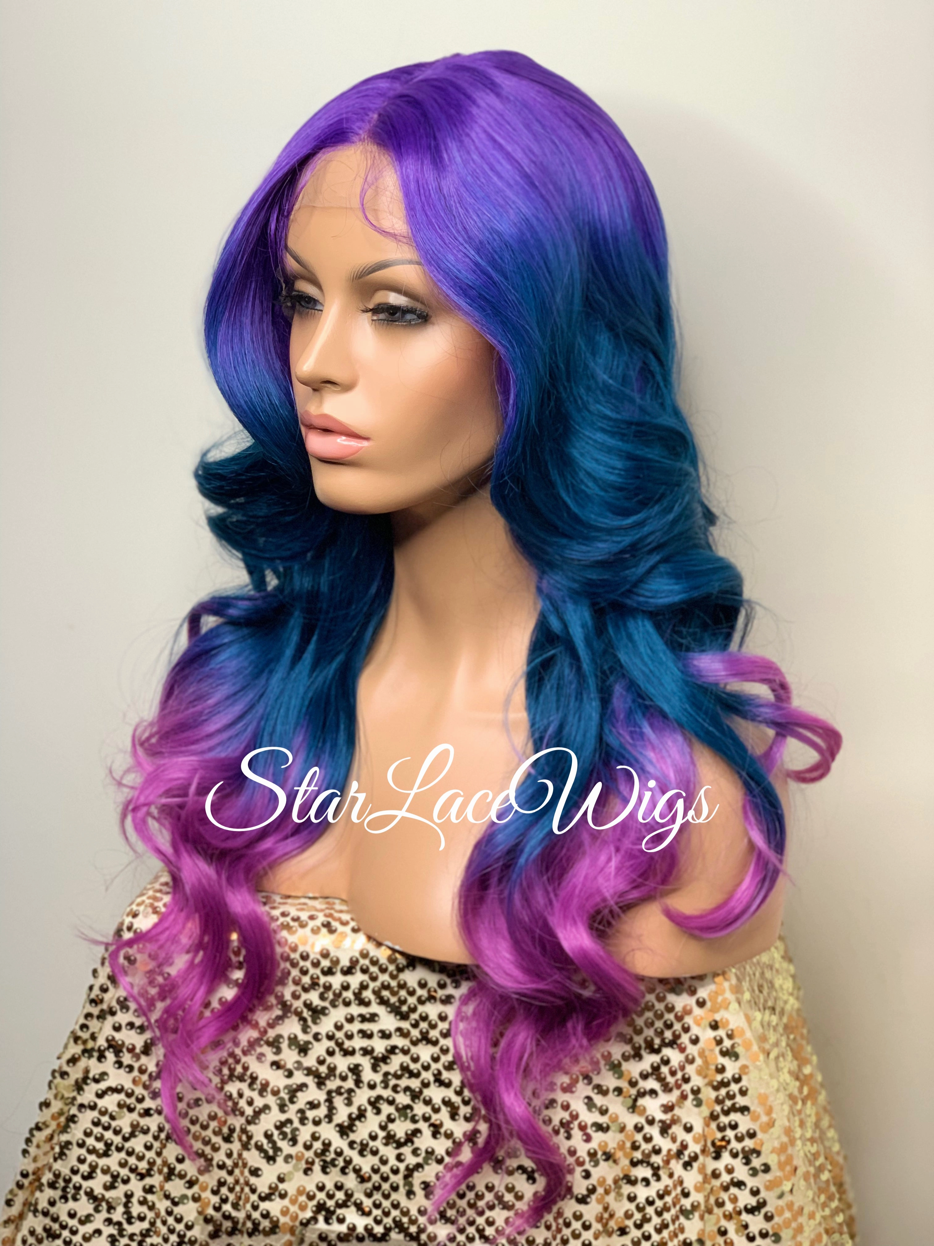 Lace Front Wig Purple Blue Pink Ombre Rainbow Unicorn Mermaid Hair Wig - Violet