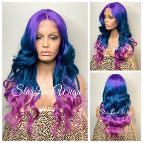 Lace Front Wig Purple Blue Pink Ombre Rainbow Unicorn Mermaid Hair Wig - Violet