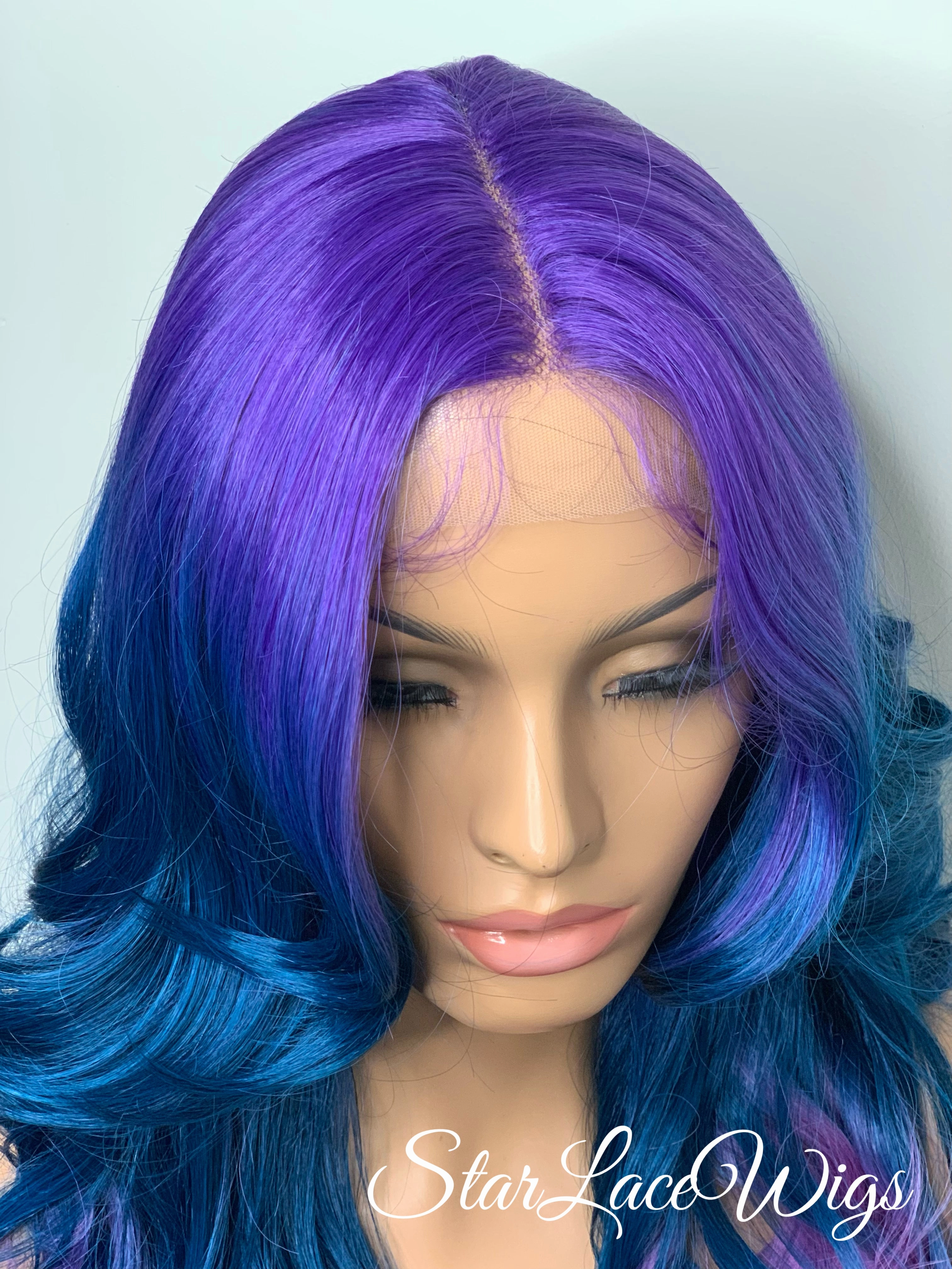 Lace Front Wig Purple Blue Pink Ombre Rainbow Unicorn Mermaid Hair Wig - Violet