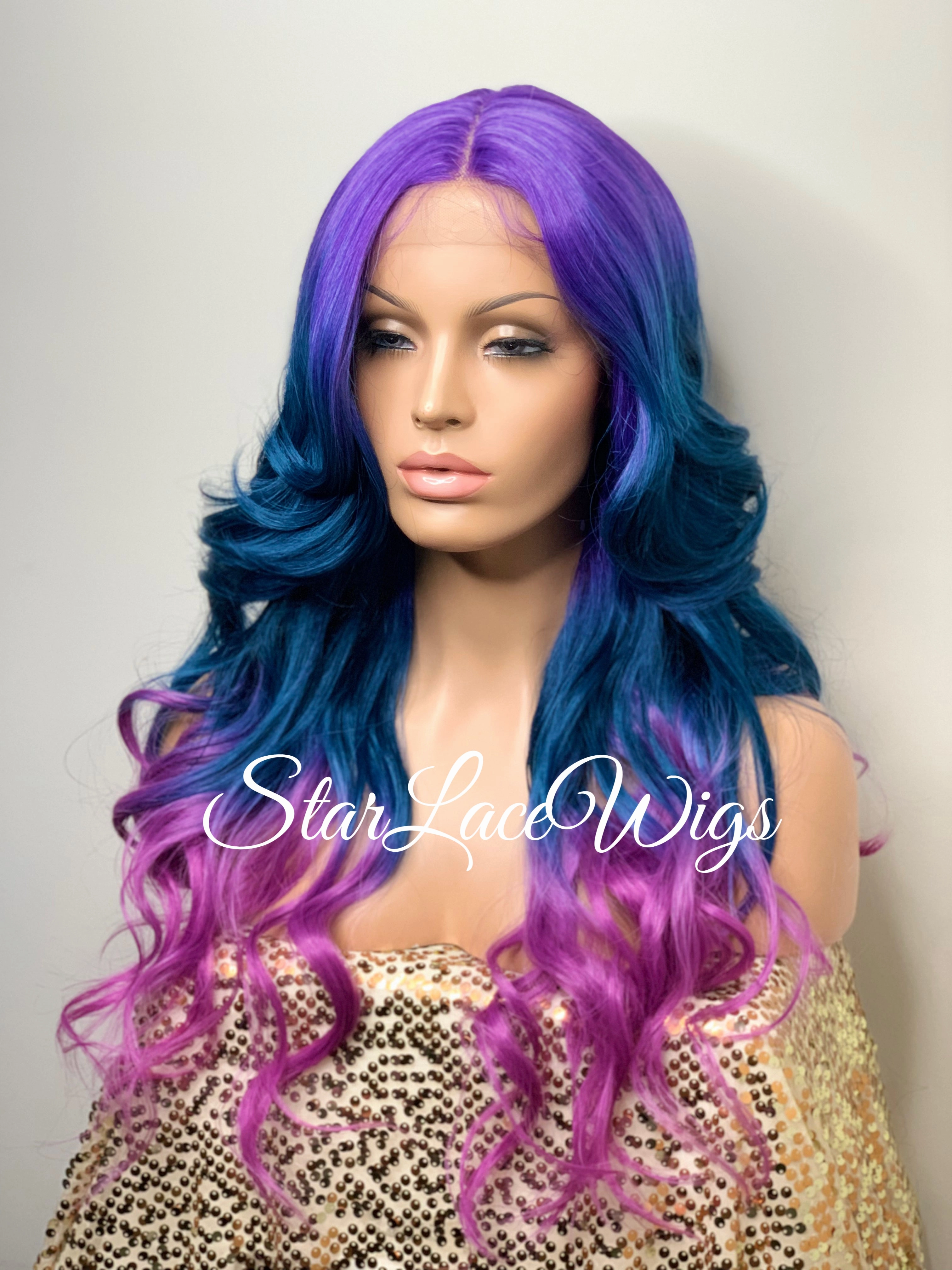 Lace Front Wig Purple Blue Pink Ombre Rainbow Unicorn Mermaid Hair Wig - Violet