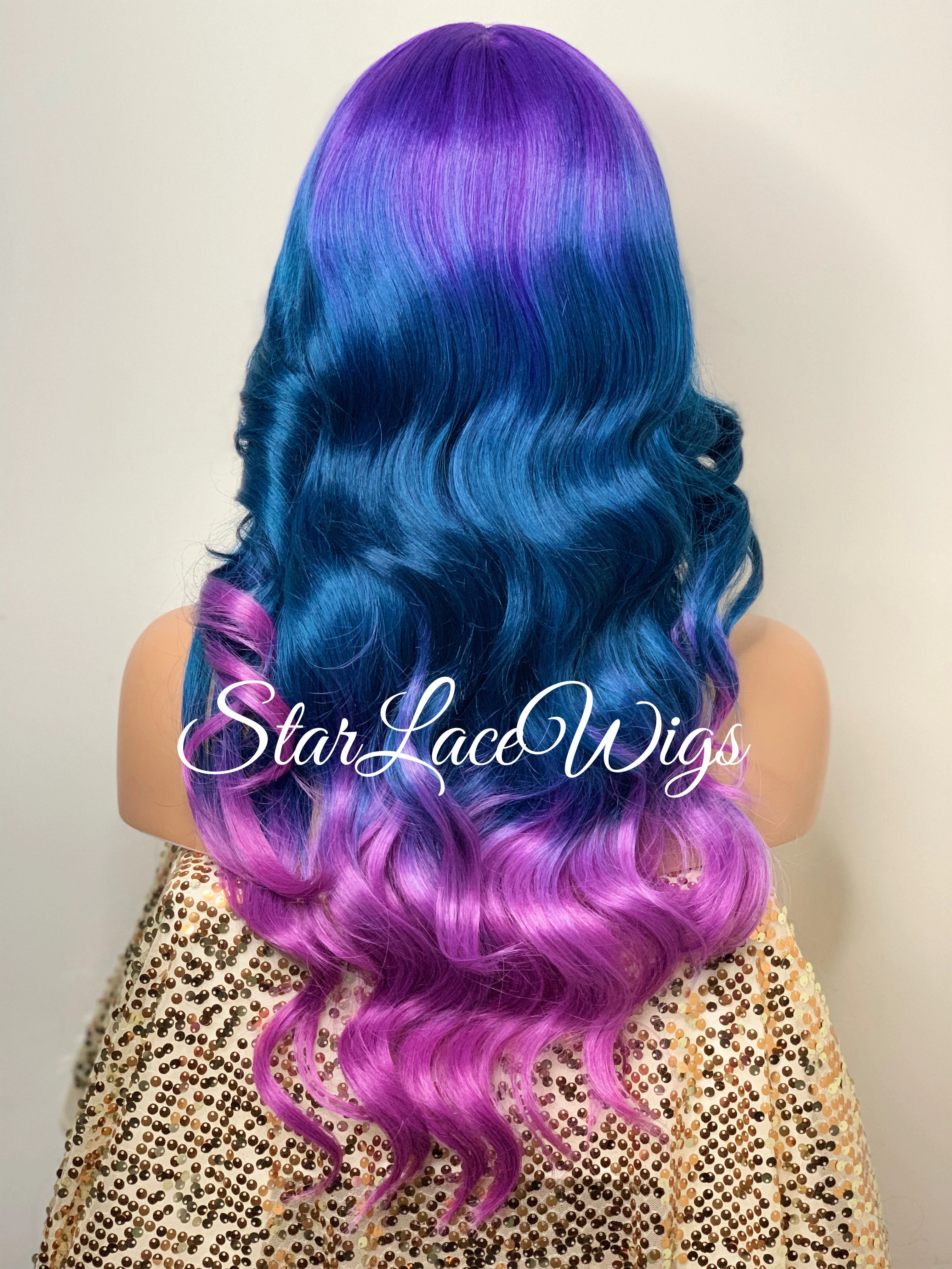 Lace Front Wig Purple Blue Pink Ombre Rainbow Unicorn Mermaid Hair Wig - Violet