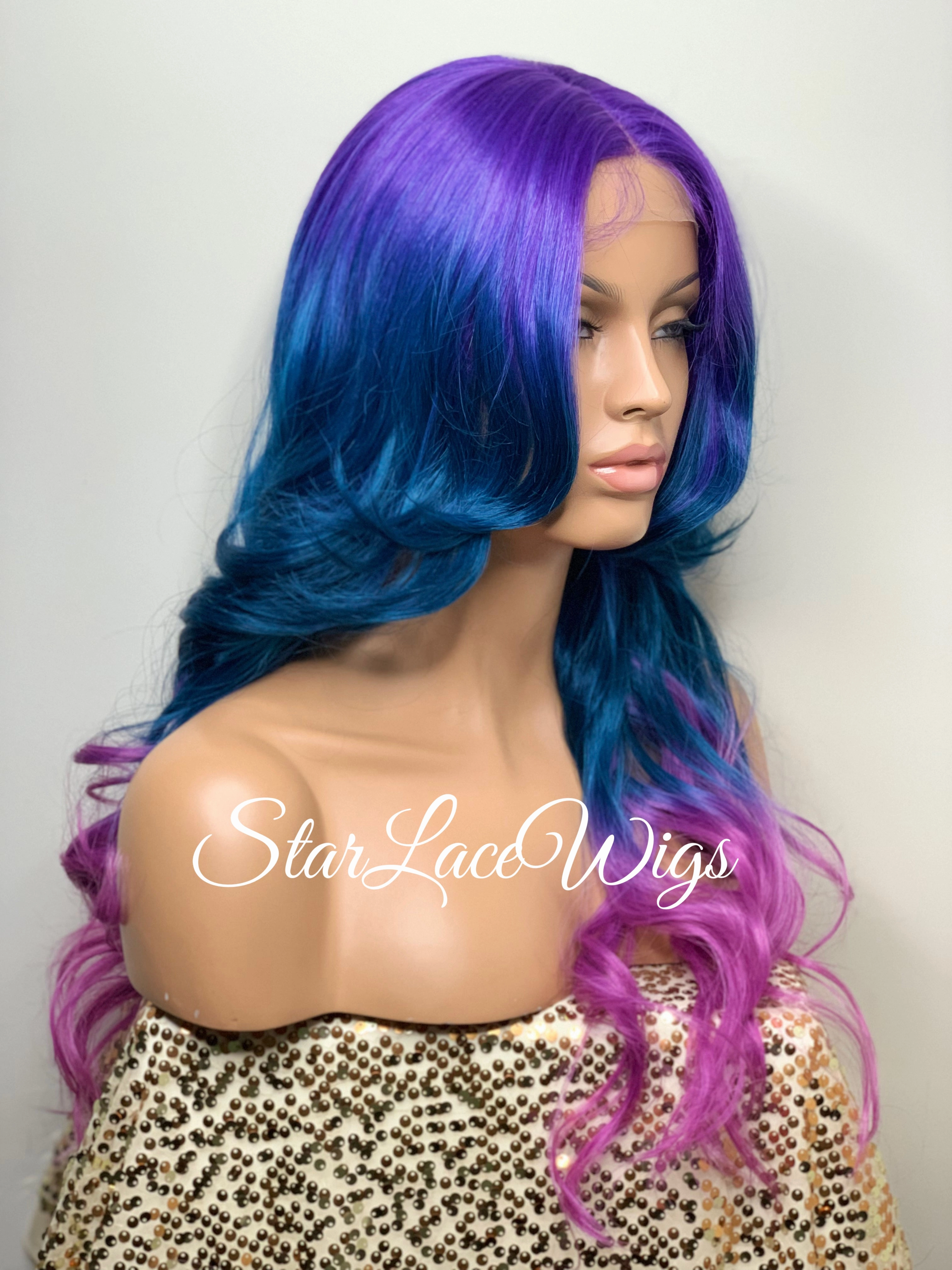 Lace Front Wig Purple Blue Pink Ombre Rainbow Unicorn Mermaid Hair Wig - Violet