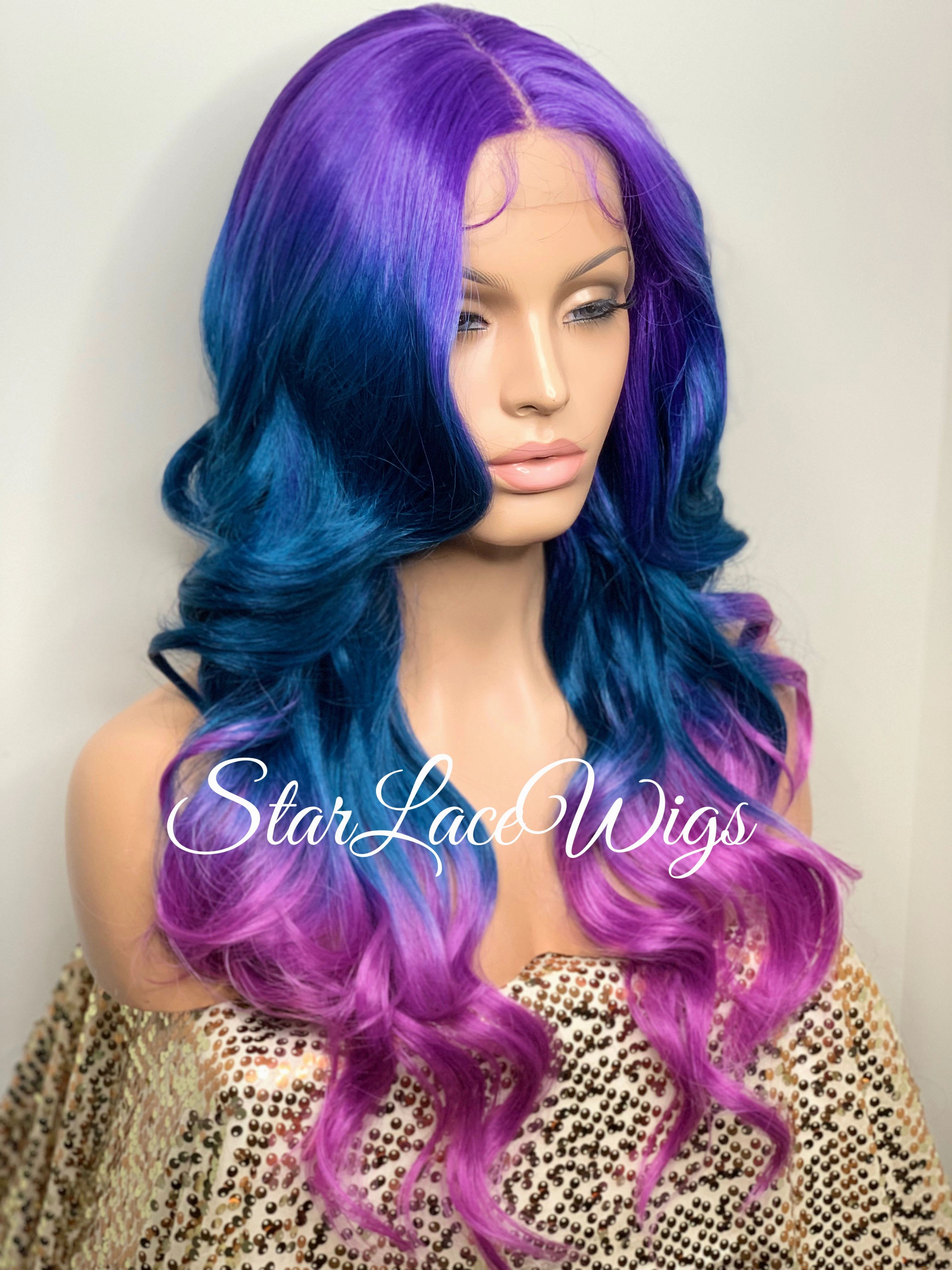 Lace Front Wig Purple Blue Pink Ombre Rainbow Unicorn Mermaid Hair Wig - Violet
