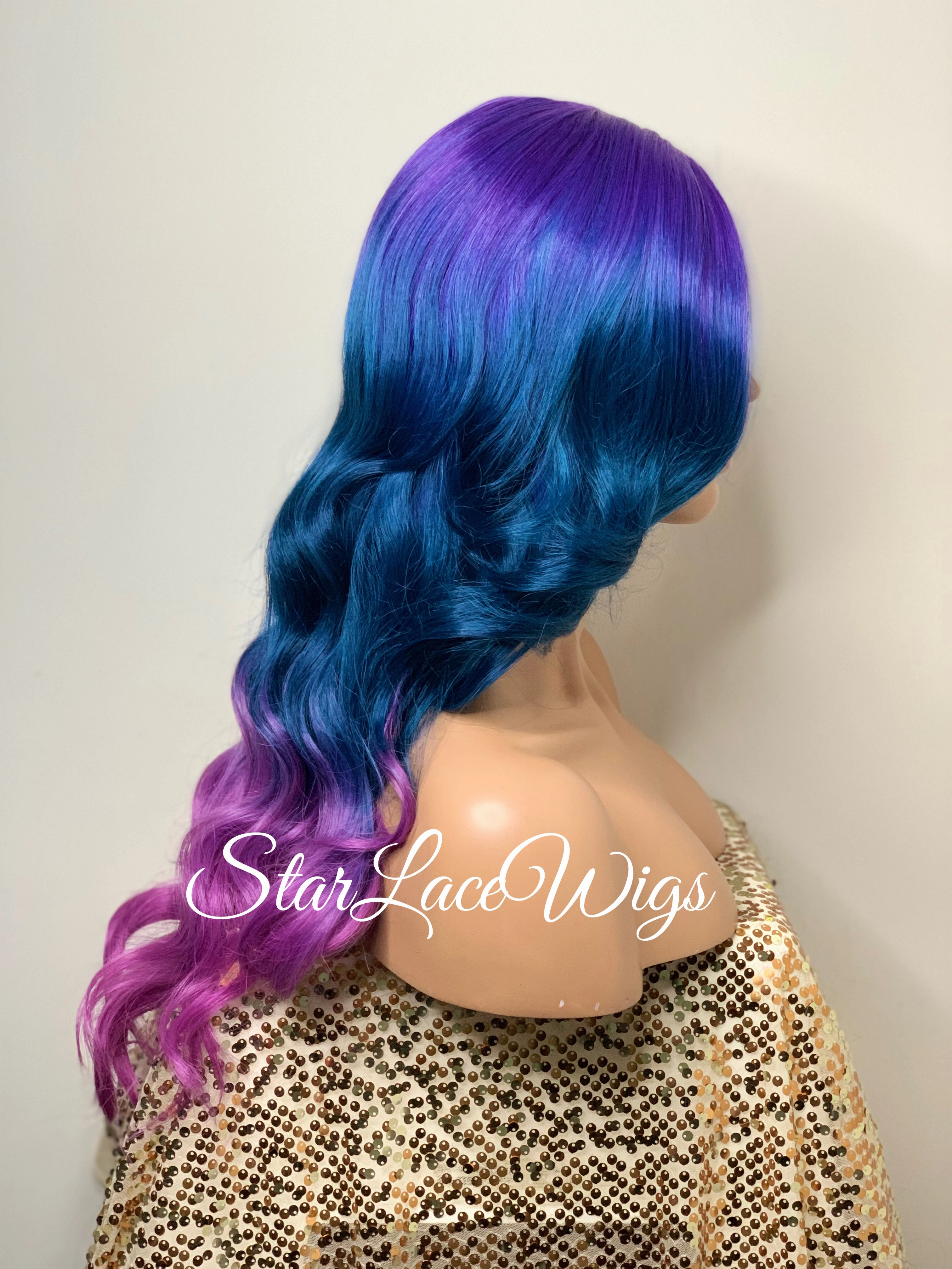 Lace Front Wig Purple Blue Pink Ombre Rainbow Unicorn Mermaid Hair Wig - Violet