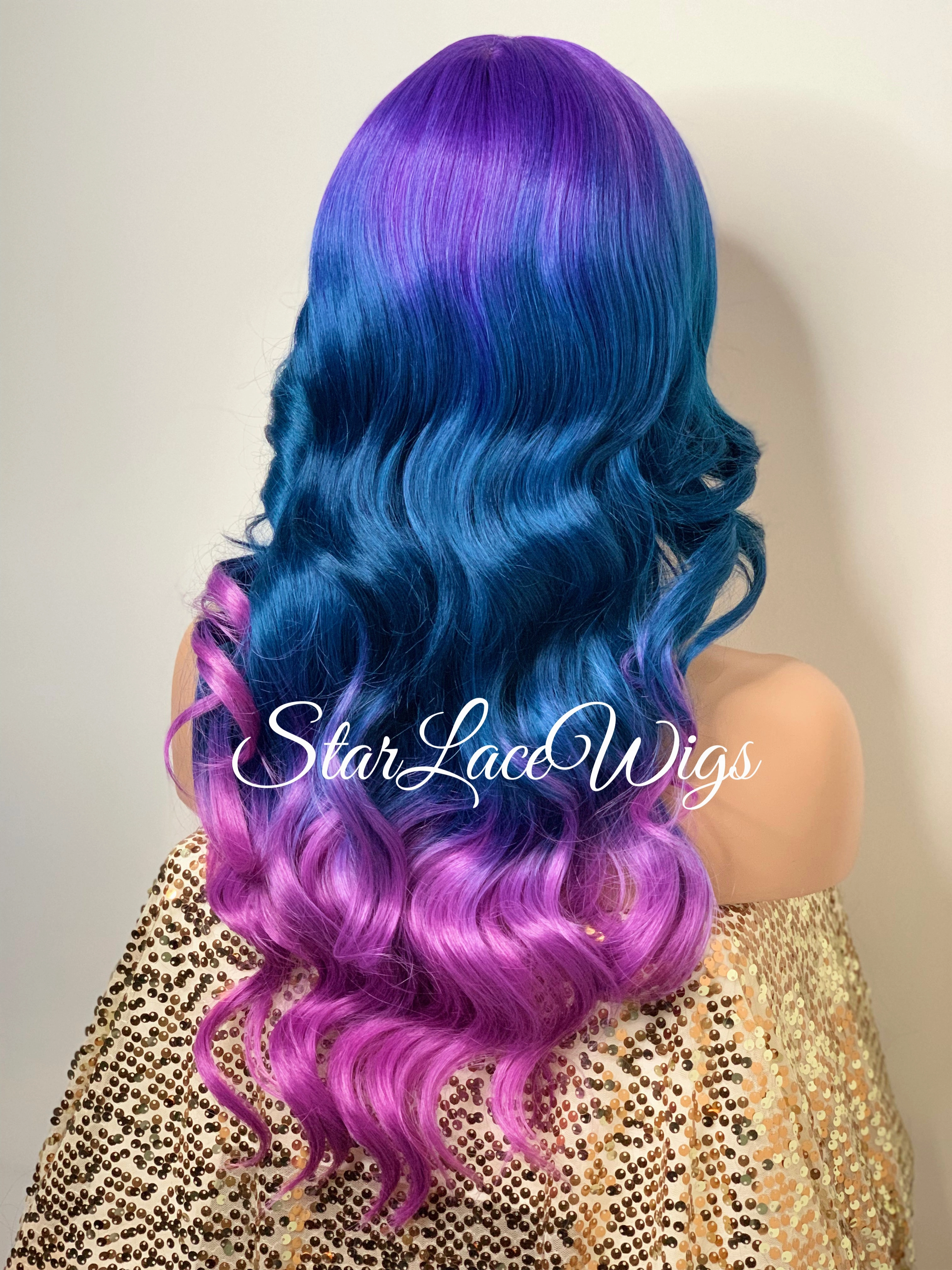 Lace Front Wig Purple Blue Pink Ombre Rainbow Unicorn Mermaid Hair Wig - Violet