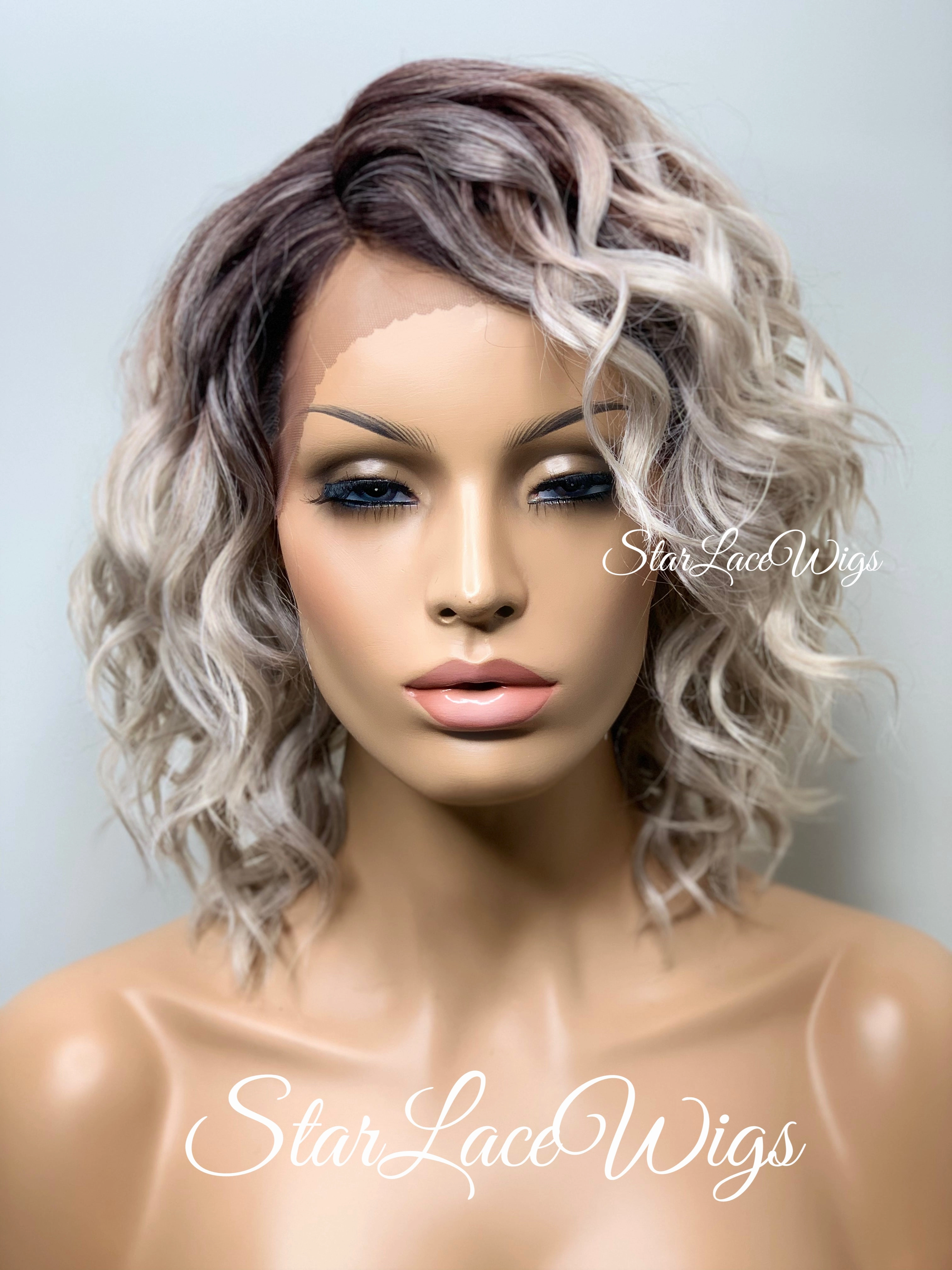 Lace Front Wig Short Wavy Ash Blonde Silver Synthetic Bob Brown Roots - Flavia