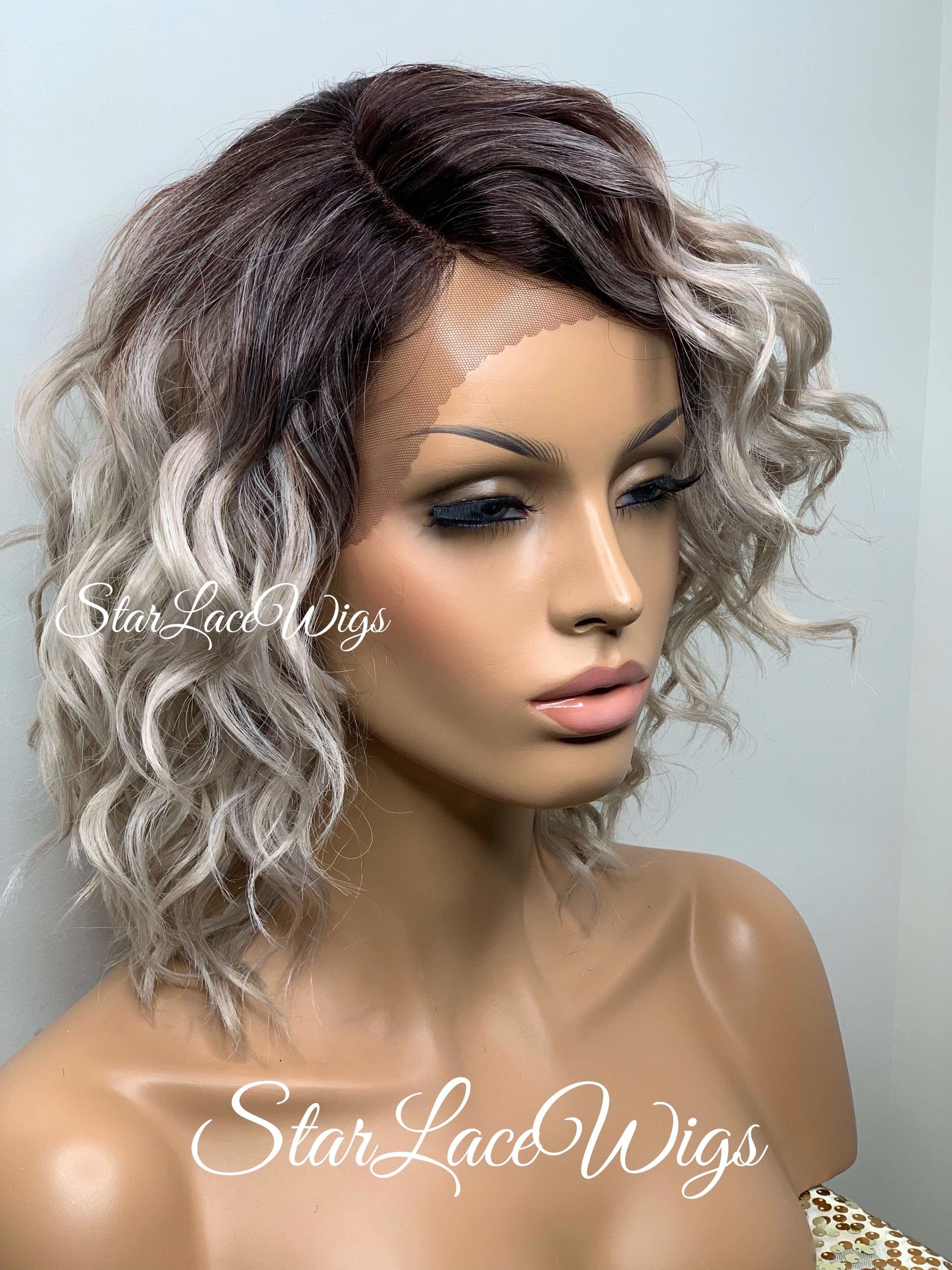 Lace Front Wig Short Wavy Ash Blonde Silver Synthetic Bob Brown Roots - Flavia