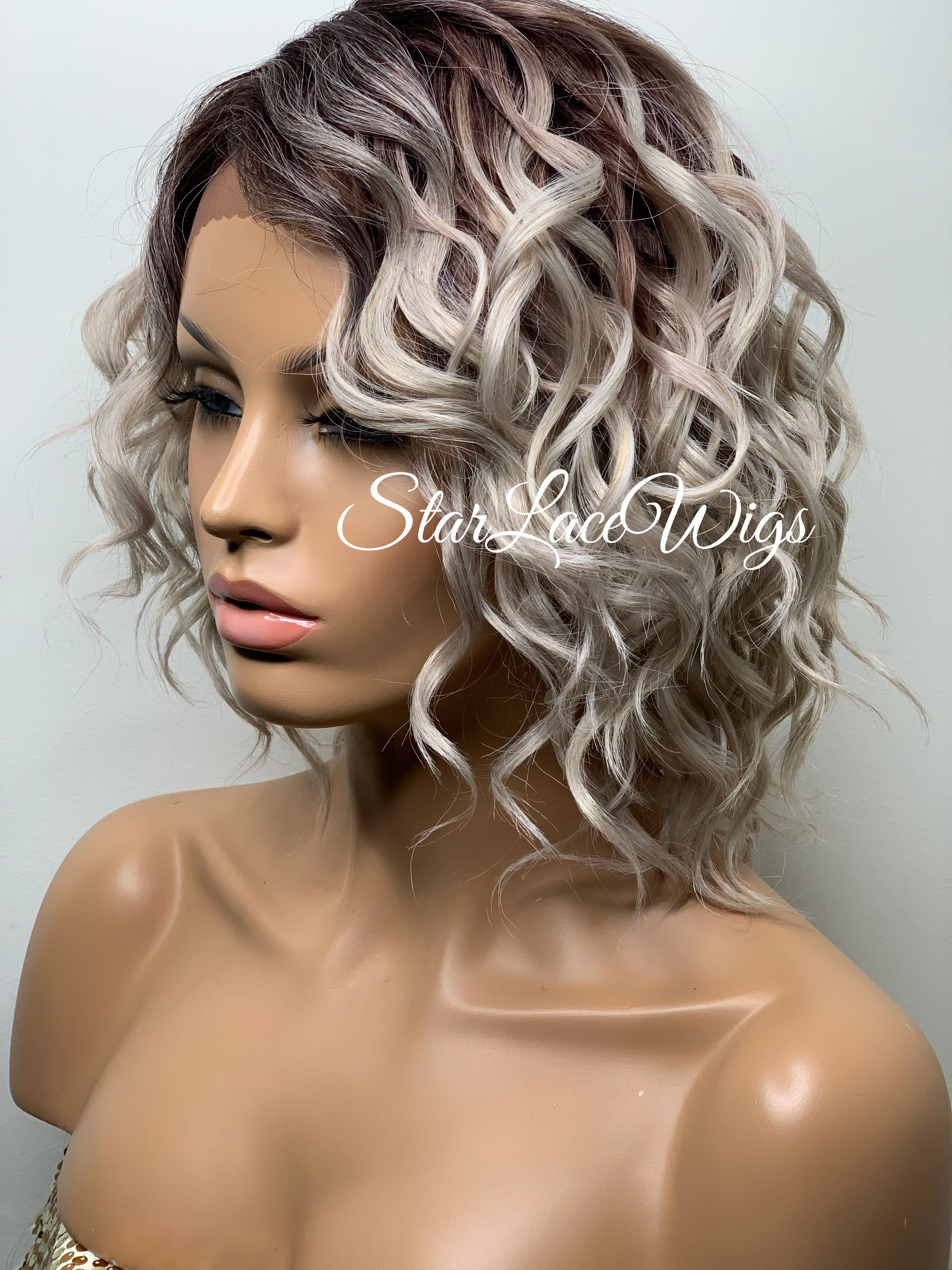 Lace Front Wig Short Wavy Ash Blonde Silver Synthetic Bob Brown Roots - Flavia