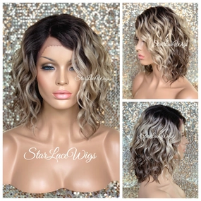 Lace Front Wig Short Wavy Ash Blonde Synthetic Bob Brown Roots - Cina