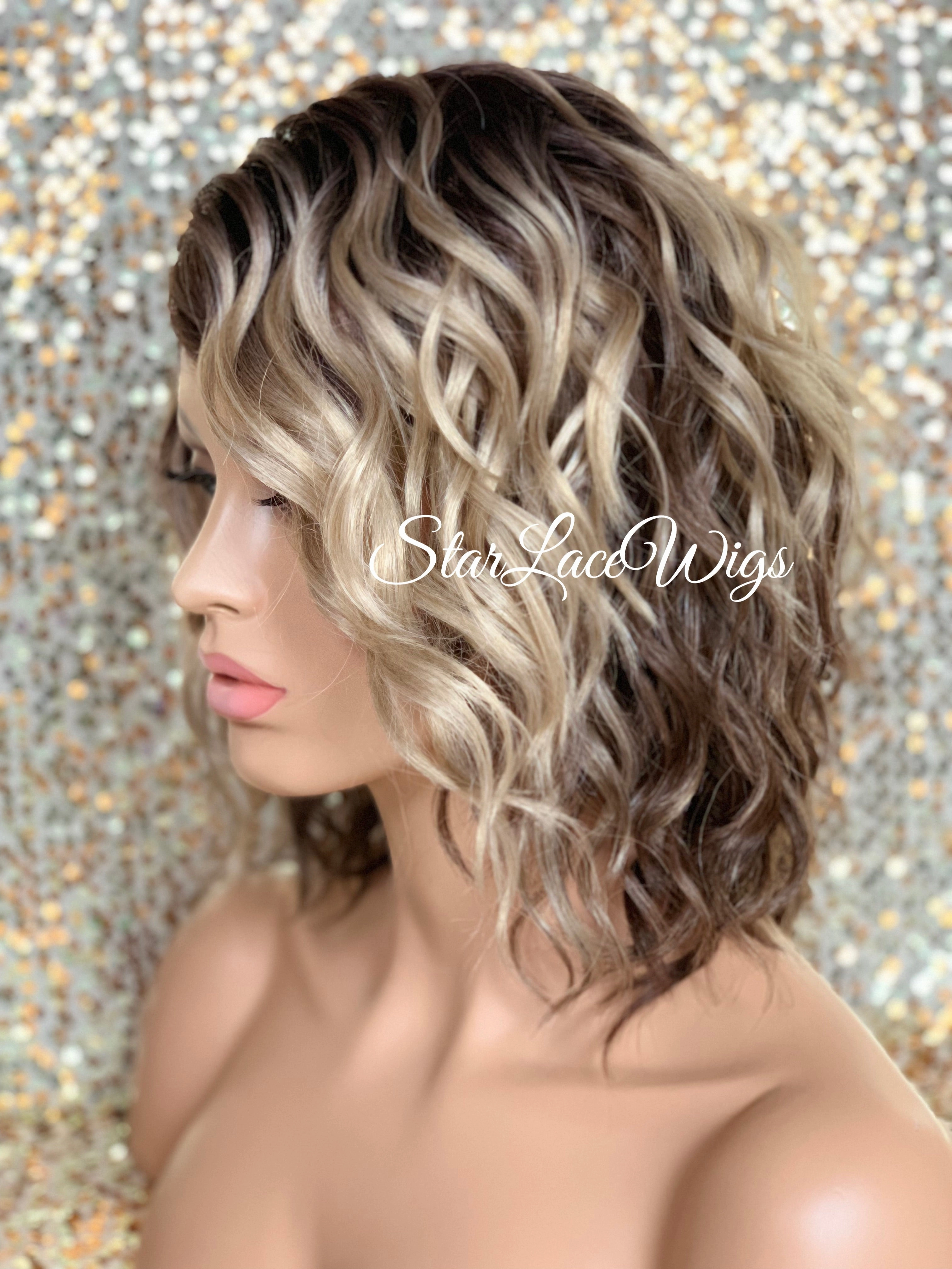 Lace Front Wig Short Wavy Ash Blonde Synthetic Bob Brown Roots - Cina