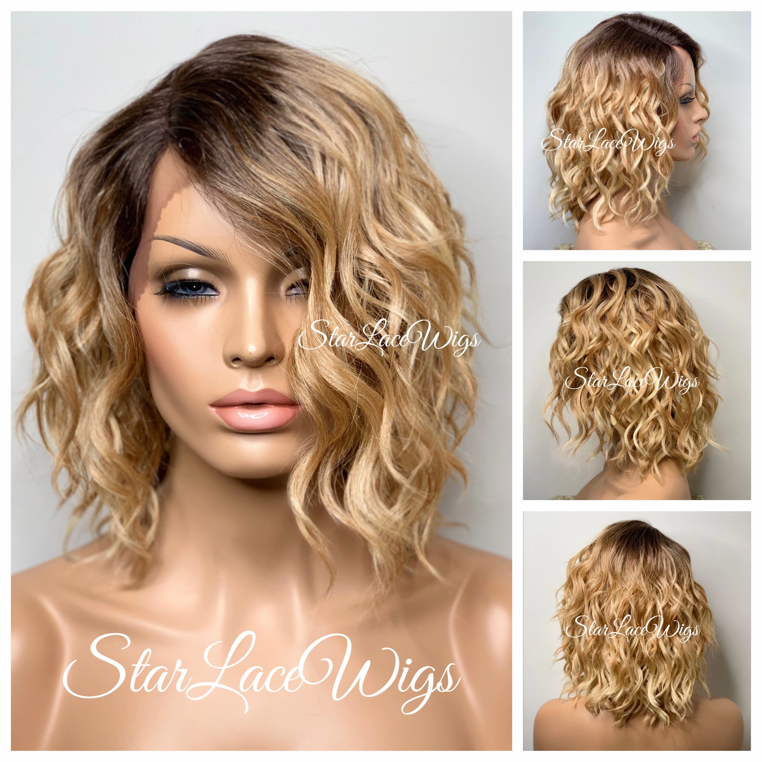 Lace Front Wig Short Wavy Honey Blonde Synthetic Bob Brown Roots - Paula