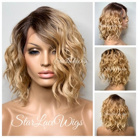 Lace Front Wig Short Wavy Honey Blonde Synthetic Bob Brown Roots - Paula